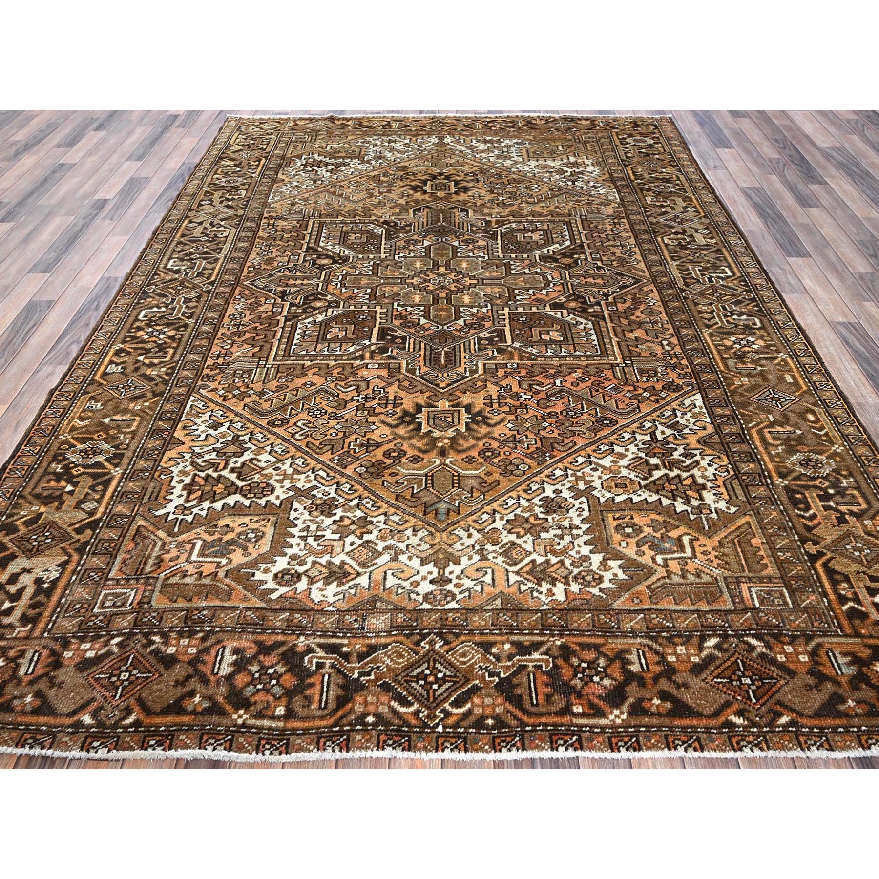 7'6"x10'2" Tawny Brown, Vintage Persian Heriz with Geometric Medallion Design, Pure Wool, Hand Knotted, Evenly Worn, Shaved Down, Good Condition, Sides and Ends Professionally Secured, Oriental Rug Sh1258