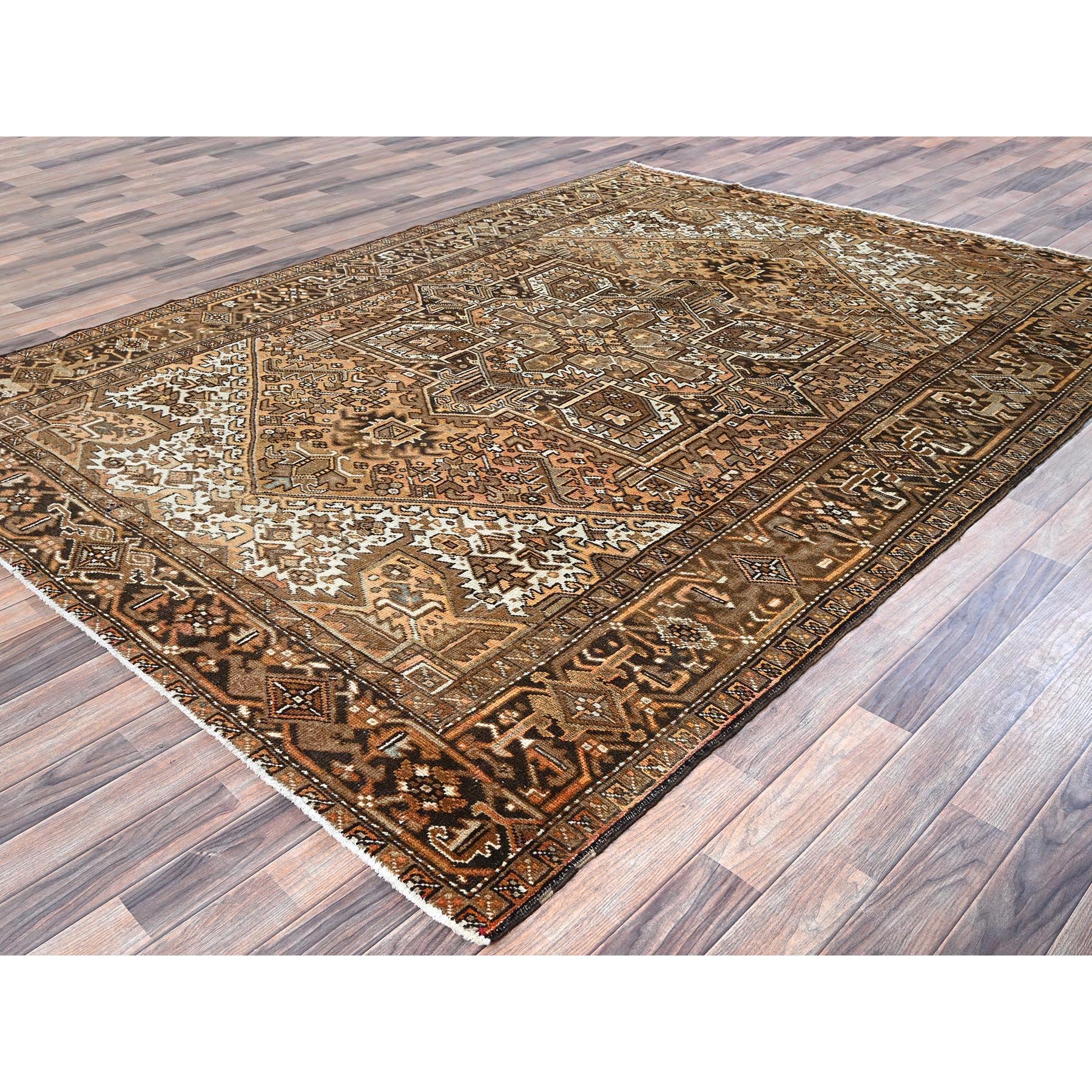 7'6"x10'2" Tawny Brown, Vintage Persian Heriz with Geometric Medallion Design, Pure Wool, Hand Knotted, Evenly Worn, Shaved Down, Good Condition, Sides and Ends Professionally Secured, Oriental Rug Sh1258