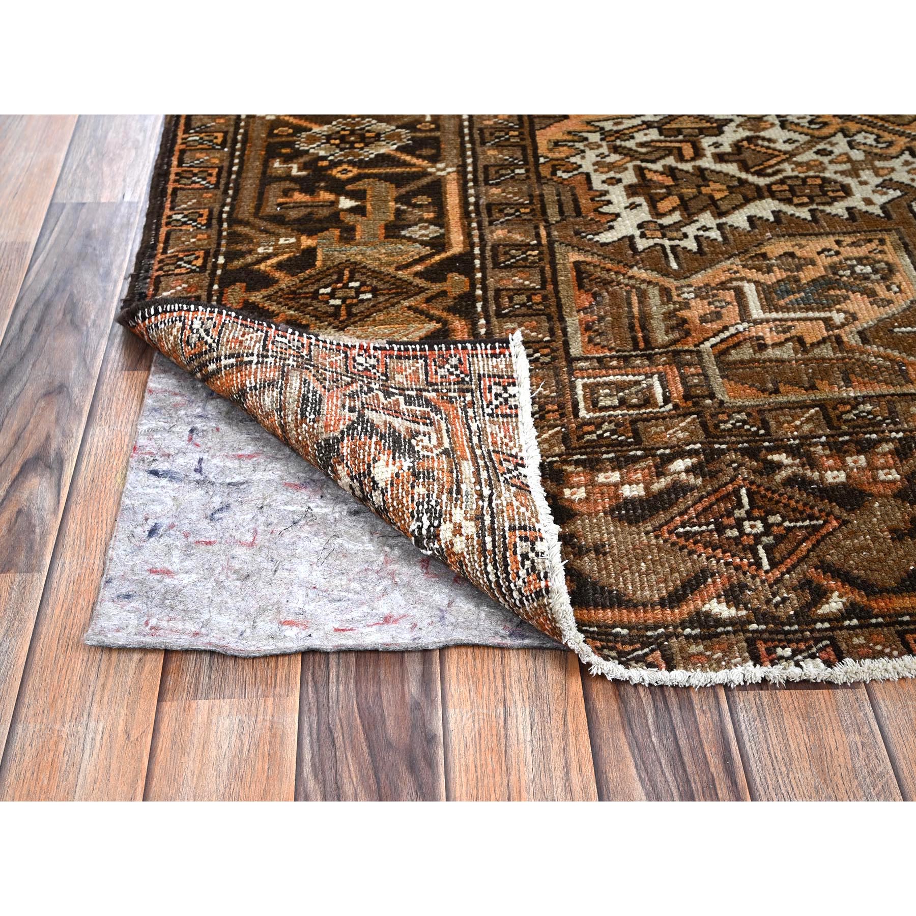 7'6"x10'2" Tawny Brown, Vintage Persian Heriz with Geometric Medallion Design, Pure Wool, Hand Knotted, Evenly Worn, Shaved Down, Good Condition, Sides and Ends Professionally Secured, Oriental Rug Sh1258