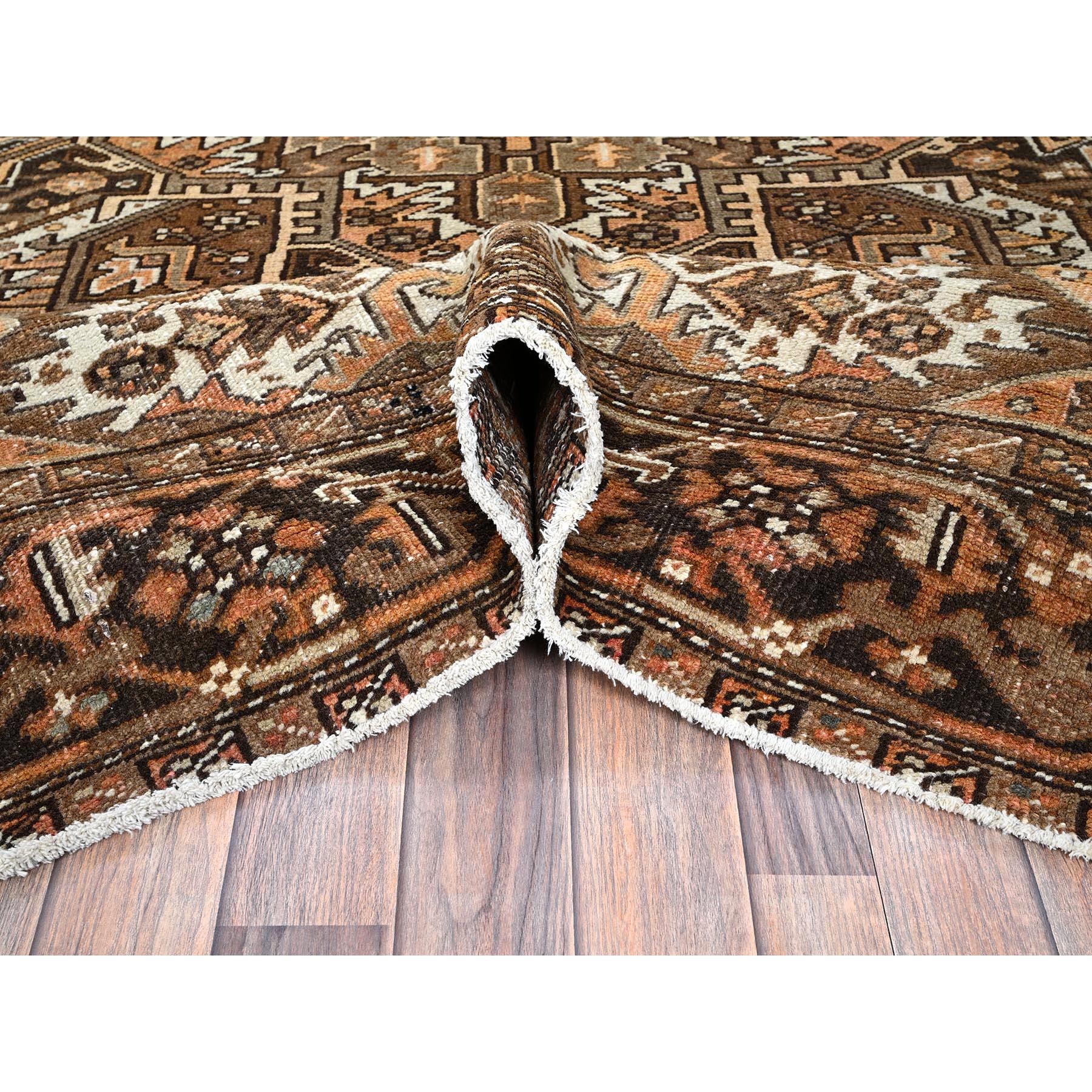 7'6"x10'2" Tawny Brown, Vintage Persian Heriz with Geometric Medallion Design, Pure Wool, Hand Knotted, Evenly Worn, Shaved Down, Good Condition, Sides and Ends Professionally Secured, Oriental Rug Sh1258