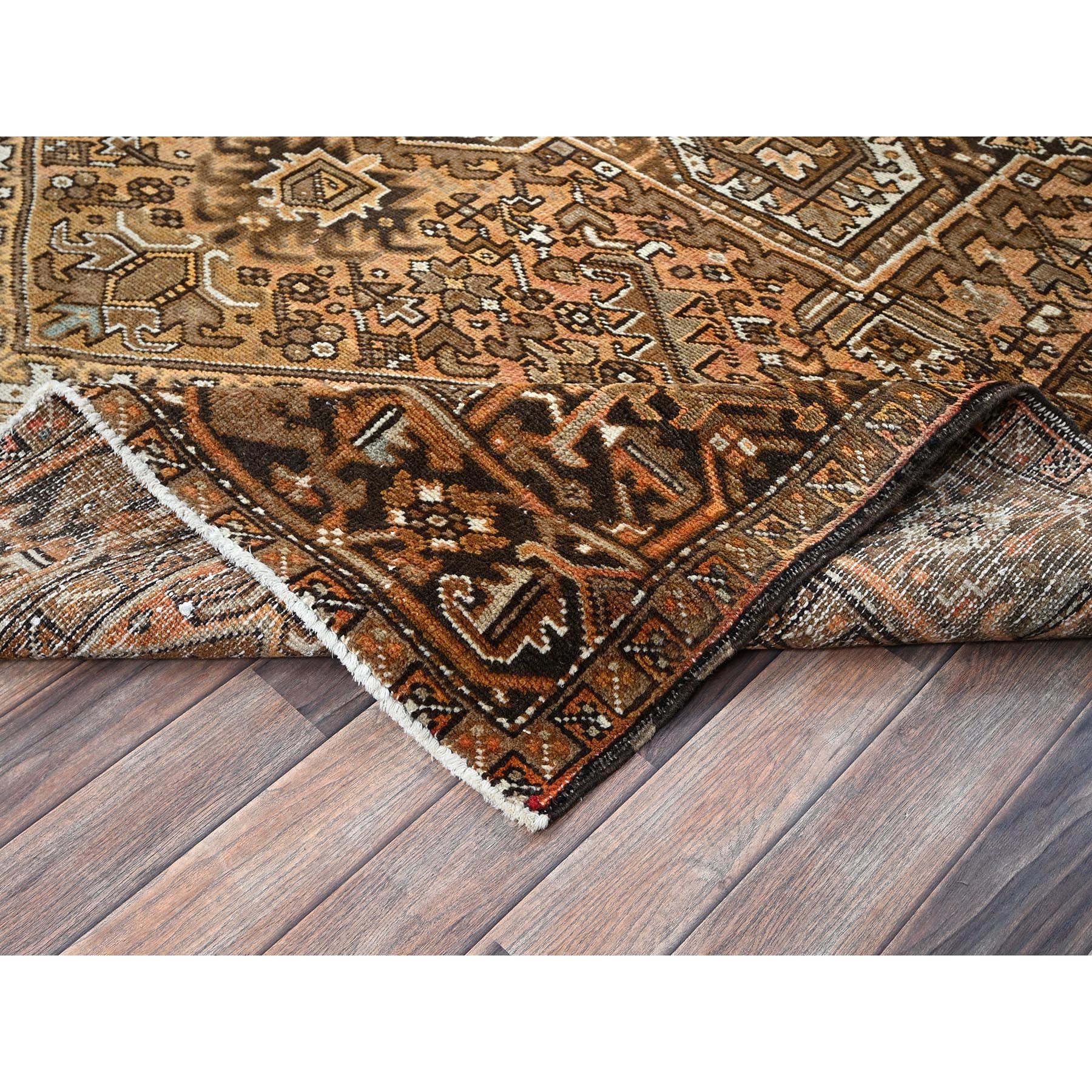 7'6"x10'2" Tawny Brown, Vintage Persian Heriz with Geometric Medallion Design, Pure Wool, Hand Knotted, Evenly Worn, Shaved Down, Good Condition, Sides and Ends Professionally Secured, Oriental Rug Sh1258