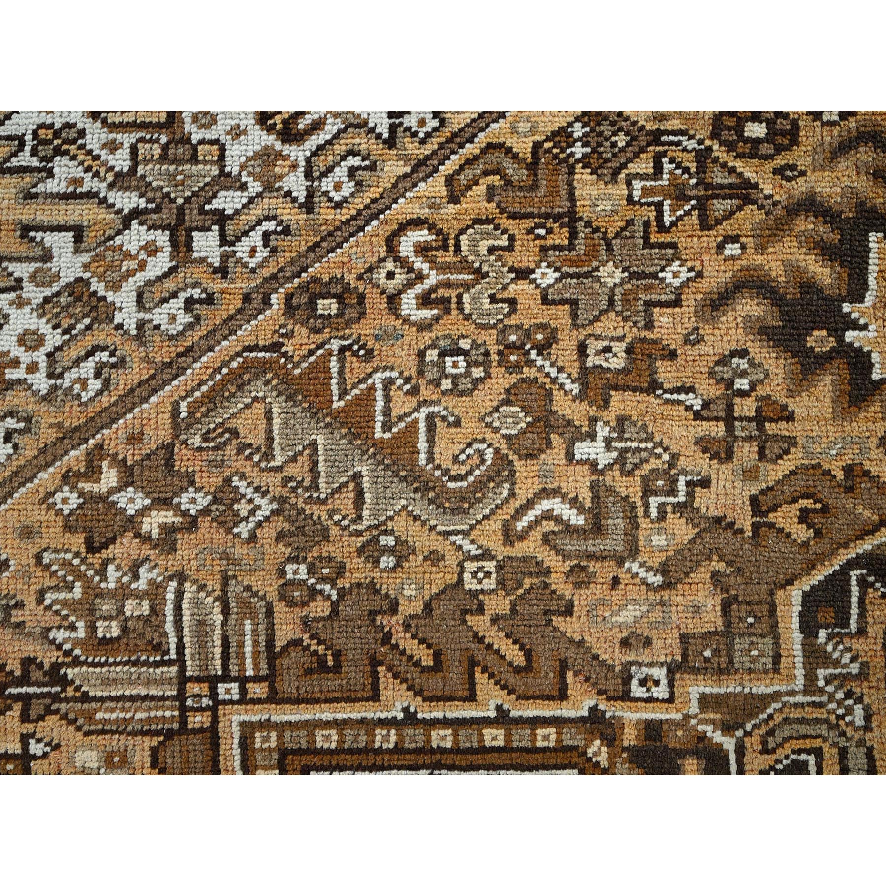 7'6"x10'2" Tawny Brown, Vintage Persian Heriz with Geometric Medallion Design, Pure Wool, Hand Knotted, Evenly Worn, Shaved Down, Good Condition, Sides and Ends Professionally Secured, Oriental Rug Sh1258