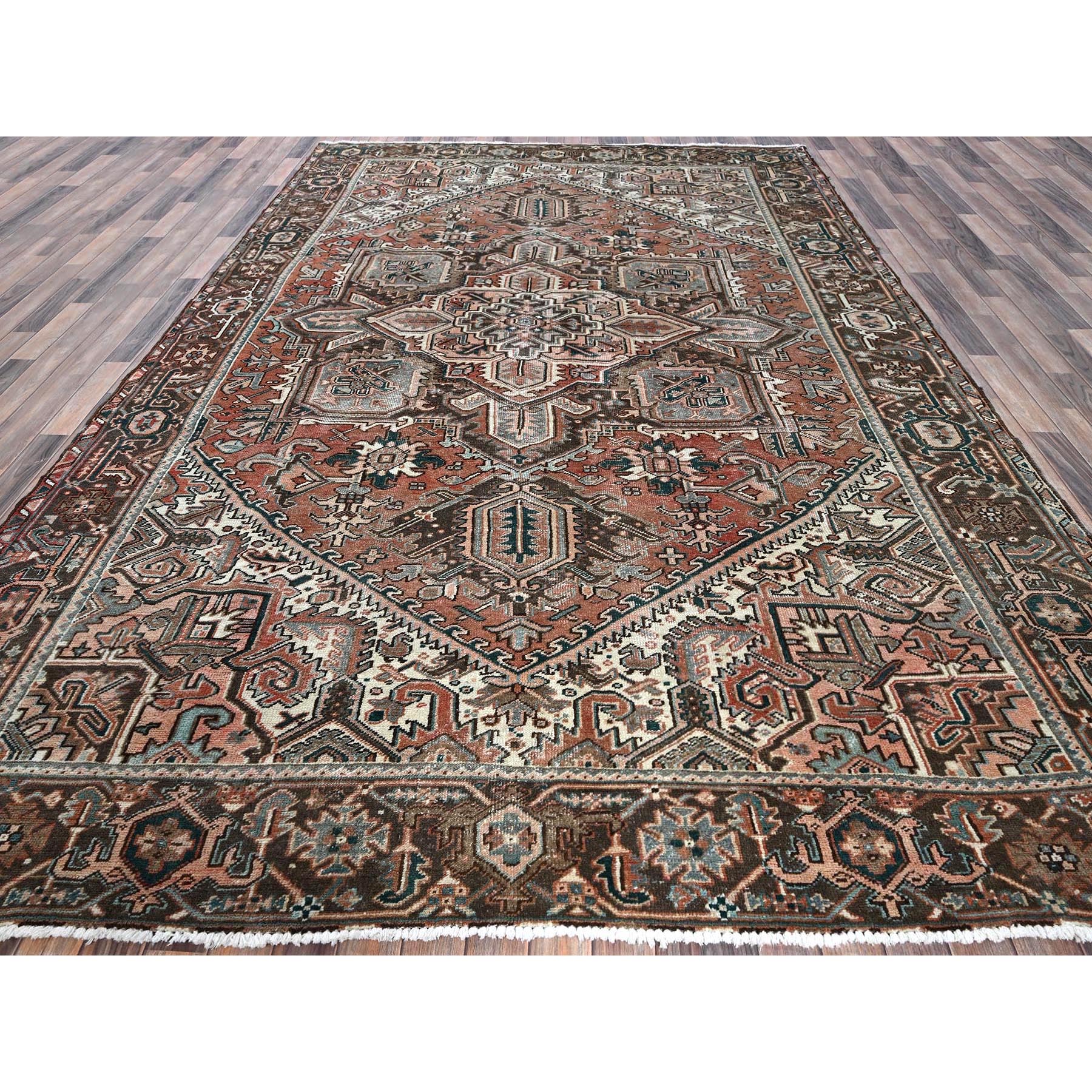 8'7"x12'3" Blush Red, Vintage Persian Heriz with Large Medallion Design, Worn and Distressed, 100% Wool, Hand Knotted, Sheared Low, Clean, Sides and Ends Professionally Secured, Oriental Rug Sh1259