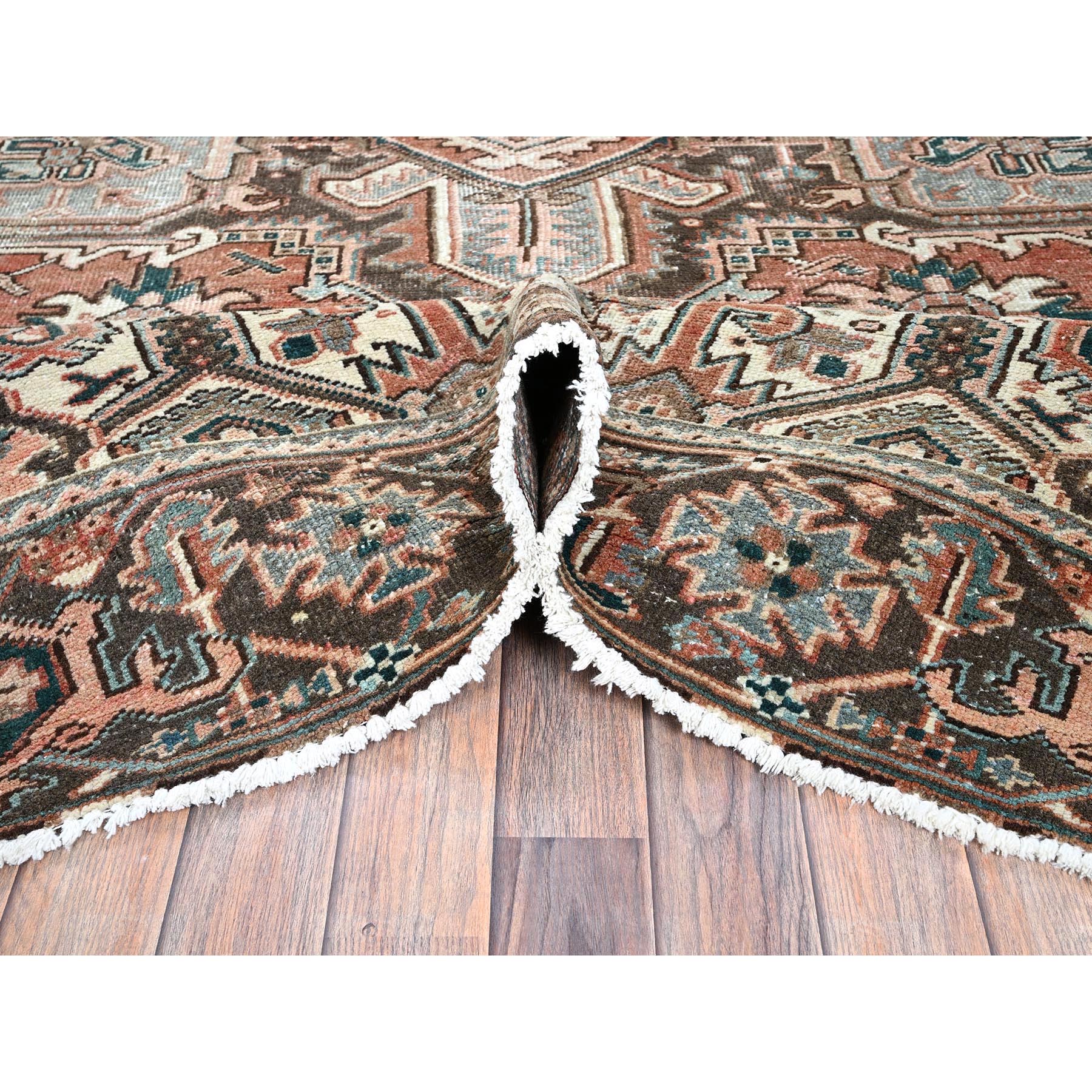 8'7"x12'3" Blush Red, Vintage Persian Heriz with Large Medallion Design, Worn and Distressed, 100% Wool, Hand Knotted, Sheared Low, Clean, Sides and Ends Professionally Secured, Oriental Rug Sh1259