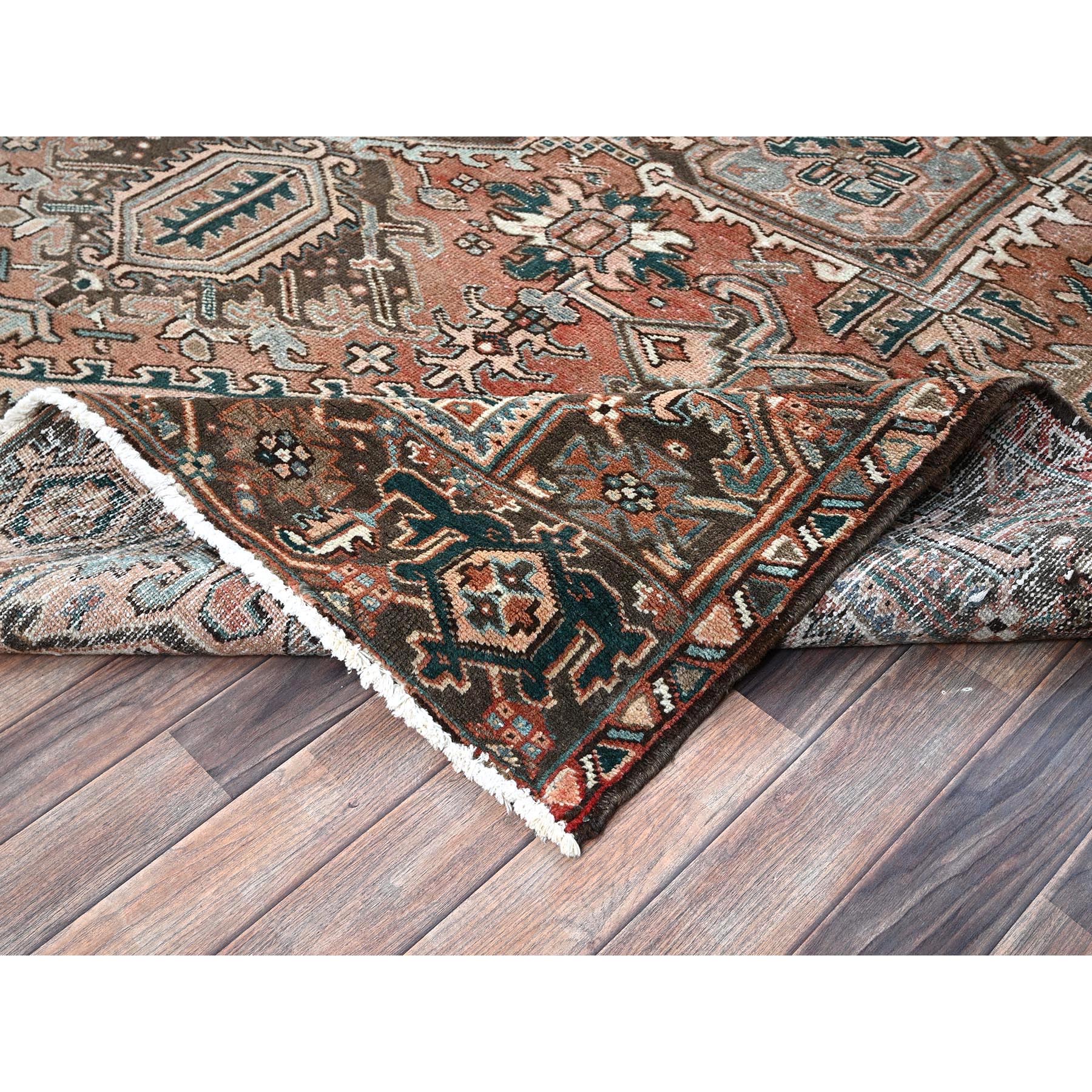 8'7"x12'3" Blush Red, Vintage Persian Heriz with Large Medallion Design, Worn and Distressed, 100% Wool, Hand Knotted, Sheared Low, Clean, Sides and Ends Professionally Secured, Oriental Rug Sh1259