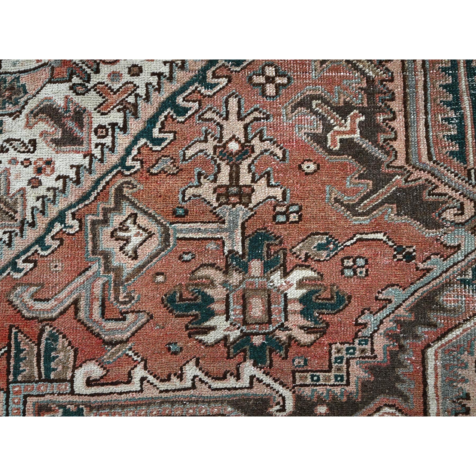 8'7"x12'3" Blush Red, Vintage Persian Heriz with Large Medallion Design, Worn and Distressed, 100% Wool, Hand Knotted, Sheared Low, Clean, Sides and Ends Professionally Secured, Oriental Rug Sh1259