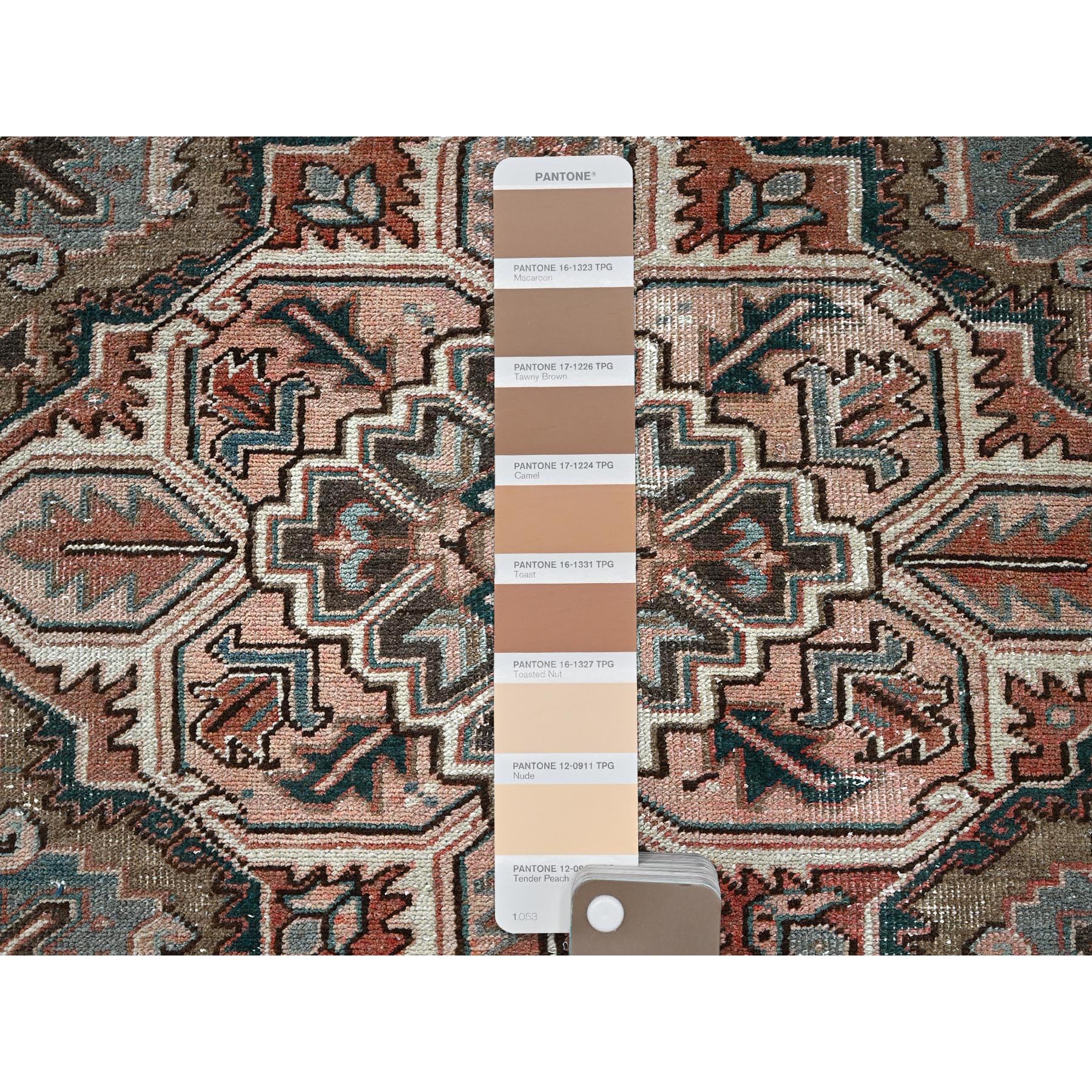 8'7"x12'3" Blush Red, Vintage Persian Heriz with Large Medallion Design, Worn and Distressed, 100% Wool, Hand Knotted, Sheared Low, Clean, Sides and Ends Professionally Secured, Oriental Rug Sh1259