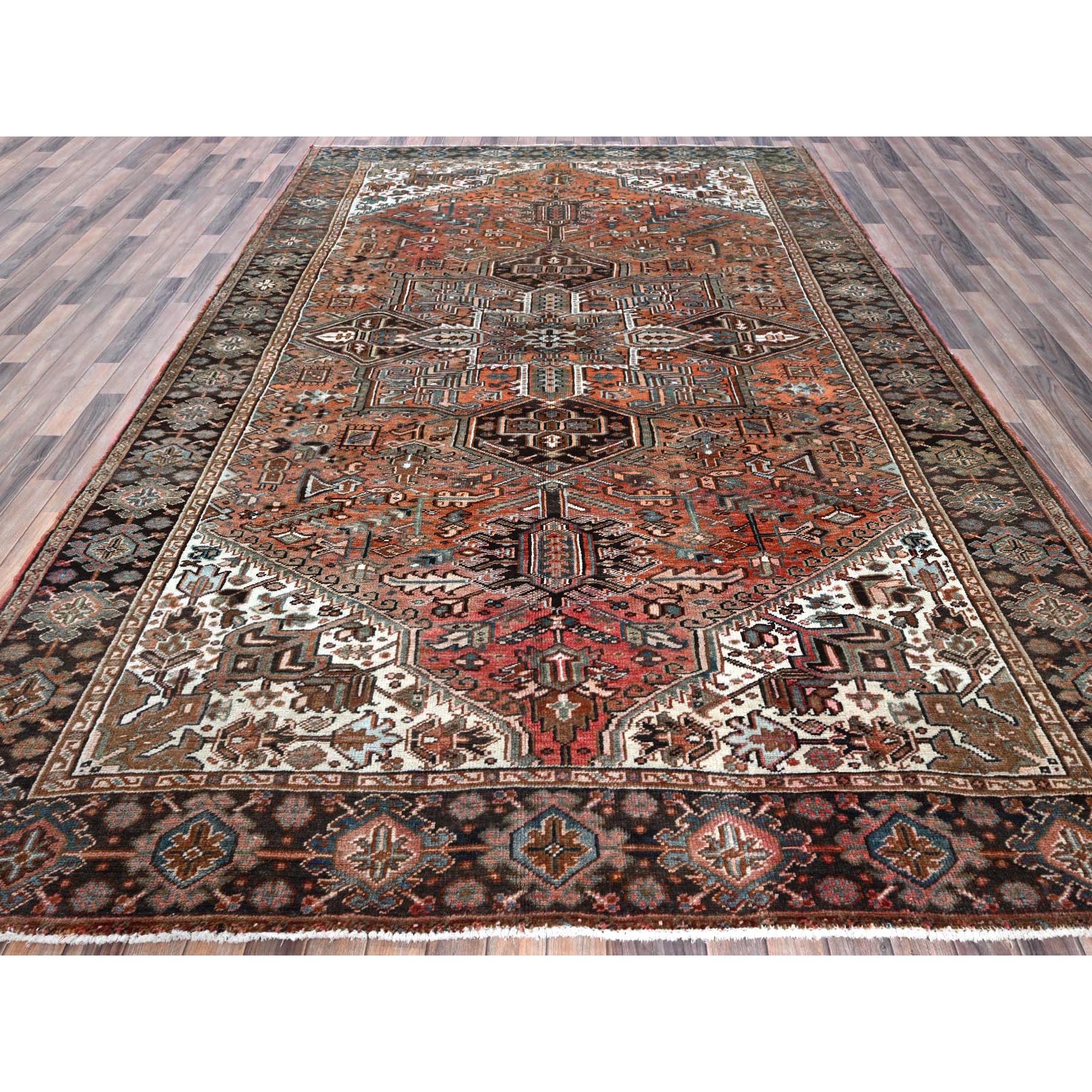 8'4"x12'2" Copper Red, Vintage Persian Heriz with Geometric Medallion Design, 100% Wool, Hand Knotted, Even Wear, Rustic Feel, Cropped Thin, Good Condition, Sides and Ends Professionally Secured, Oriental Rug Sh1260