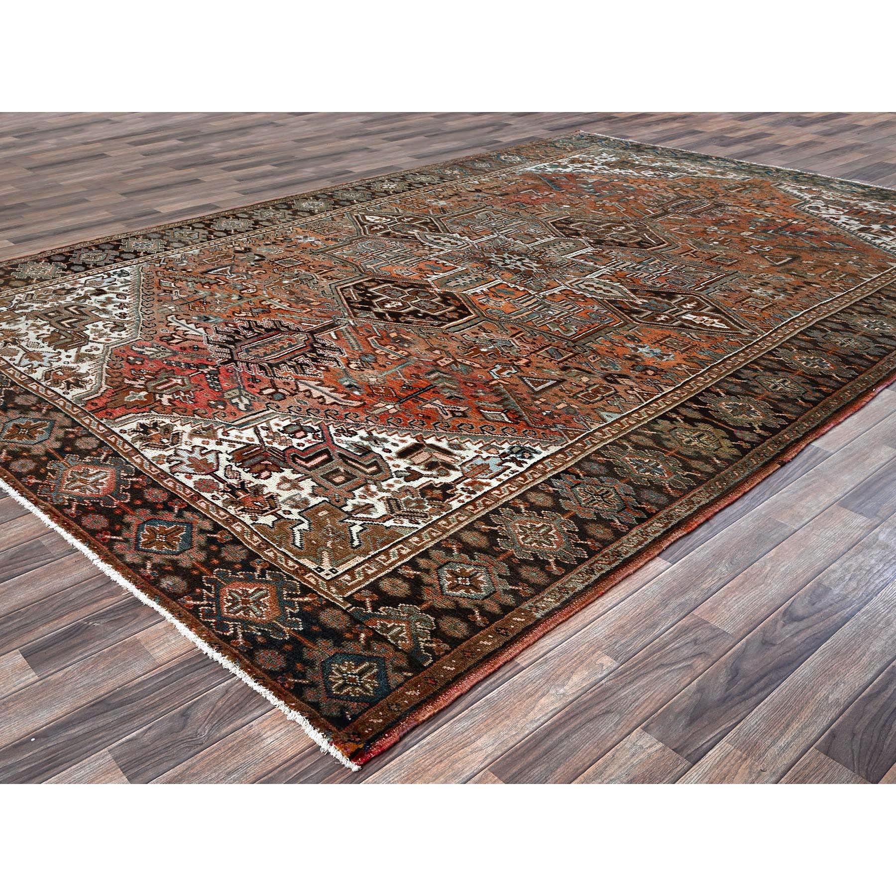 8'4"x12'2" Copper Red, Vintage Persian Heriz with Geometric Medallion Design, 100% Wool, Hand Knotted, Even Wear, Rustic Feel, Cropped Thin, Good Condition, Sides and Ends Professionally Secured, Oriental Rug Sh1260