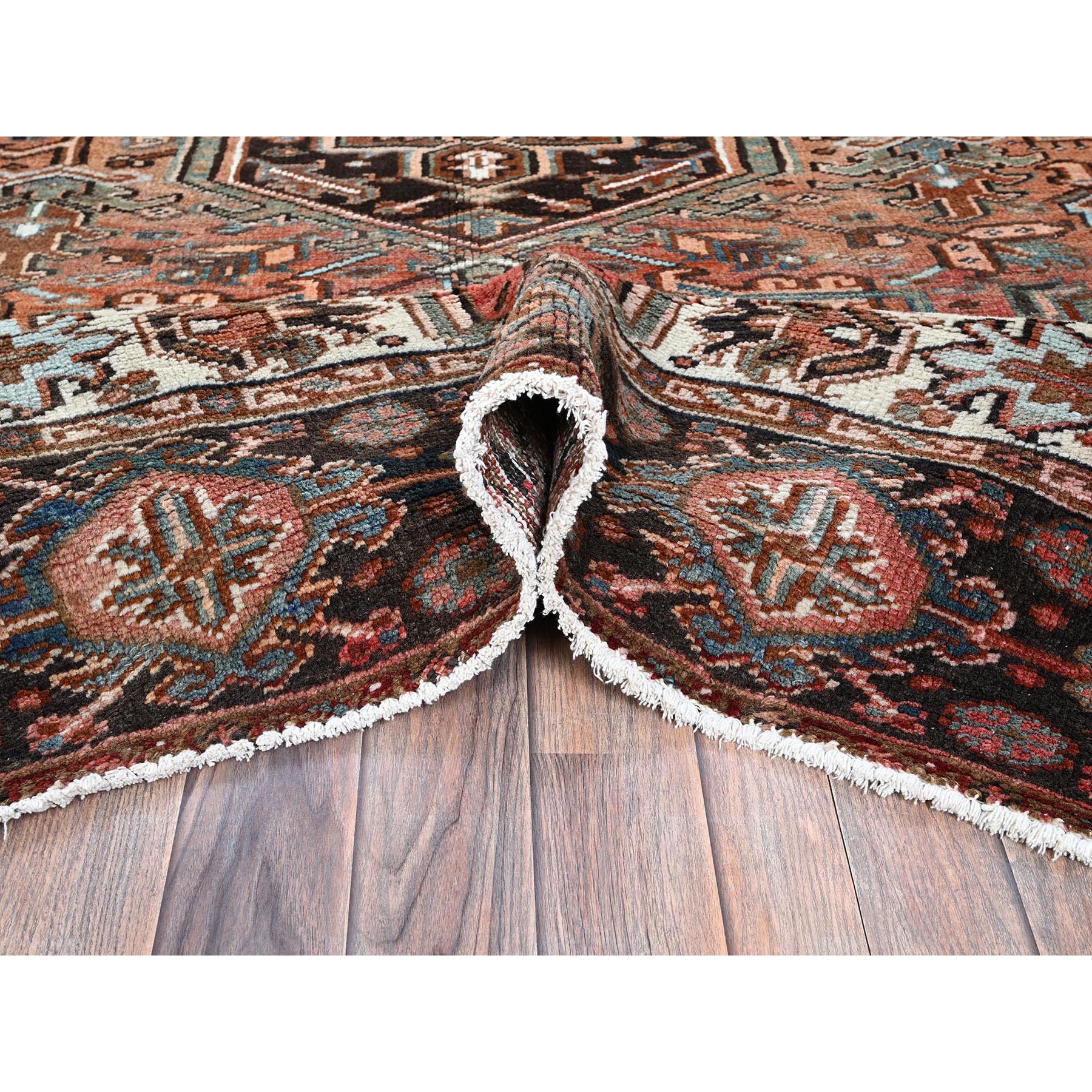 8'4"x12'2" Copper Red, Vintage Persian Heriz with Geometric Medallion Design, 100% Wool, Hand Knotted, Even Wear, Rustic Feel, Cropped Thin, Good Condition, Sides and Ends Professionally Secured, Oriental Rug Sh1260