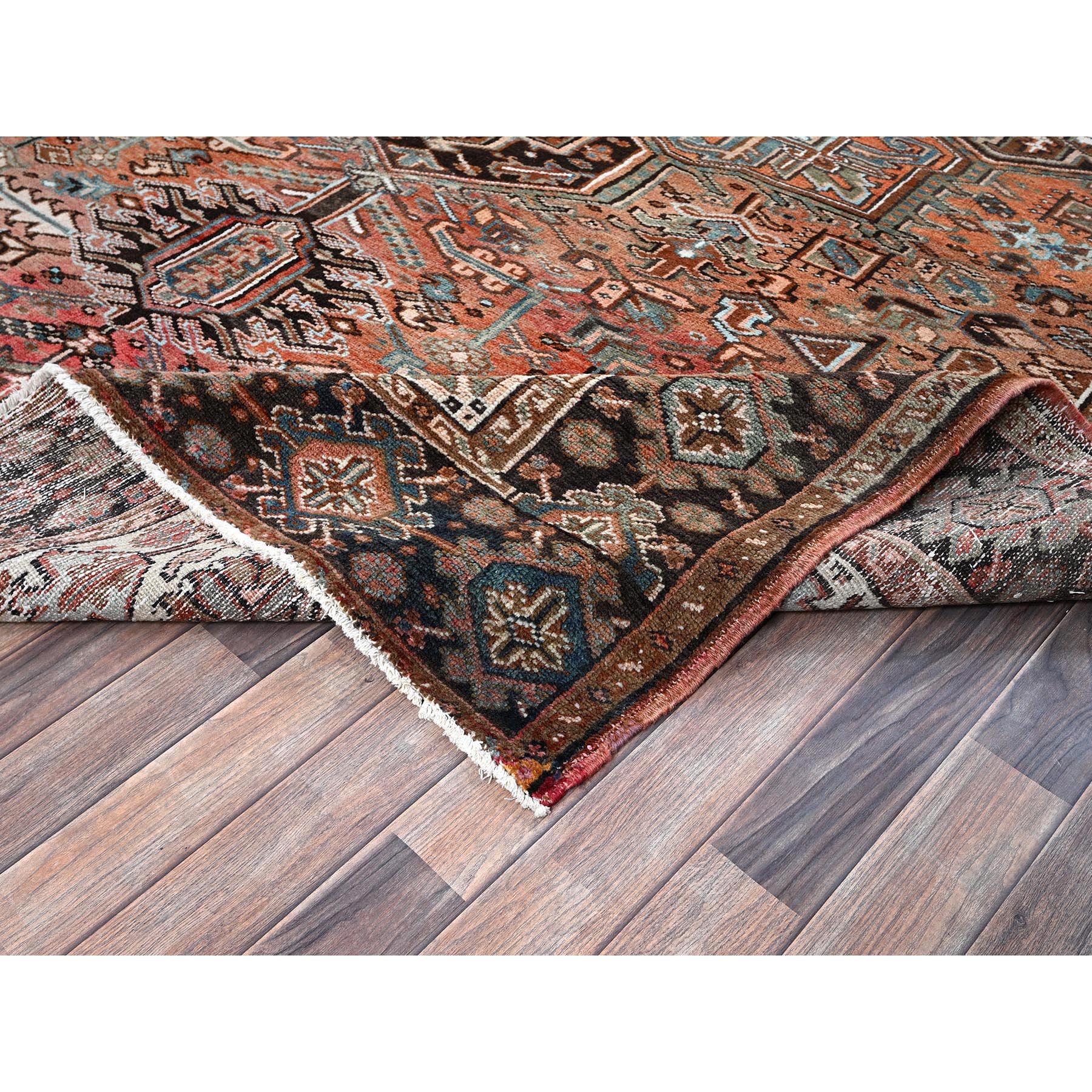 8'4"x12'2" Copper Red, Vintage Persian Heriz with Geometric Medallion Design, 100% Wool, Hand Knotted, Even Wear, Rustic Feel, Cropped Thin, Good Condition, Sides and Ends Professionally Secured, Oriental Rug Sh1260