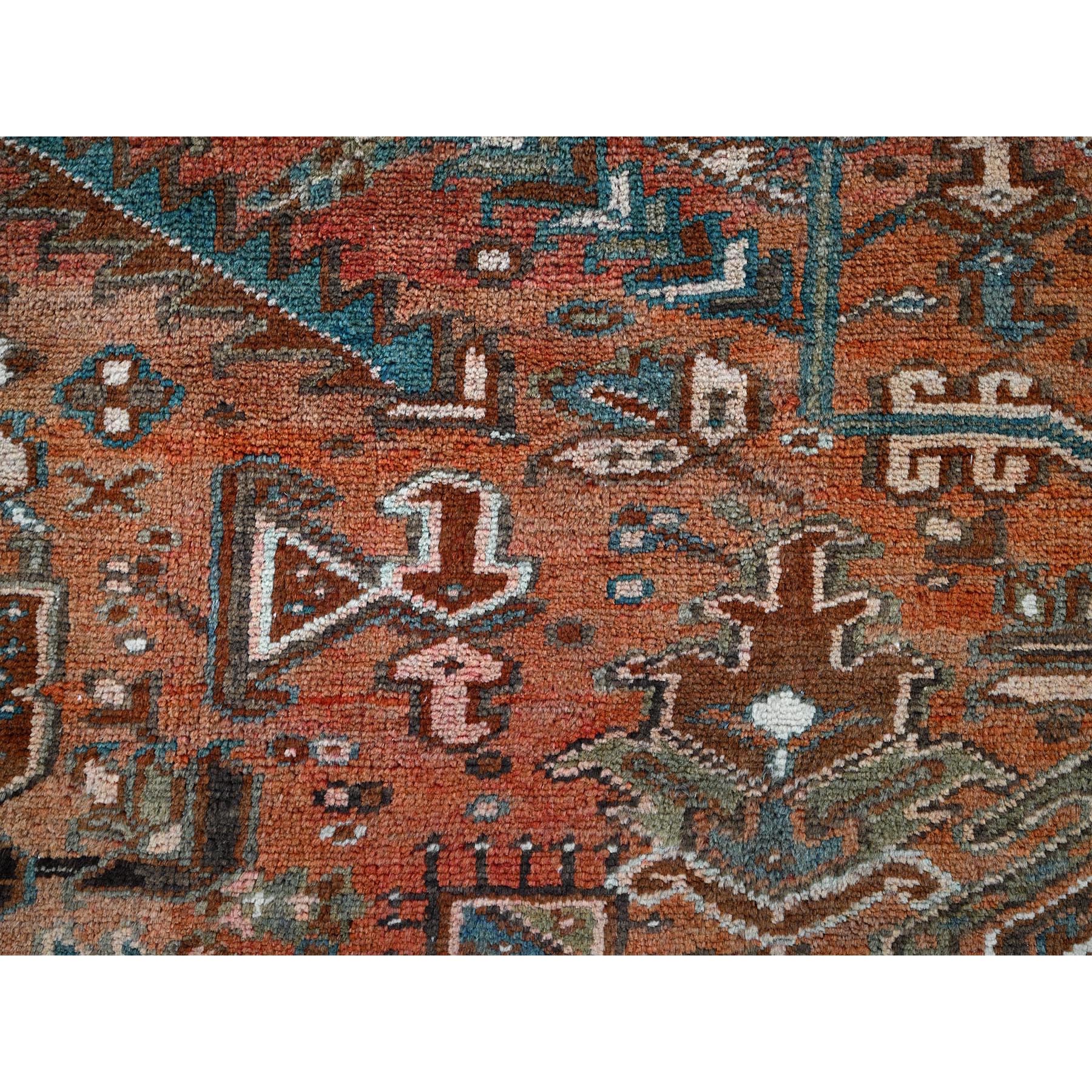8'4"x12'2" Copper Red, Vintage Persian Heriz with Geometric Medallion Design, 100% Wool, Hand Knotted, Even Wear, Rustic Feel, Cropped Thin, Good Condition, Sides and Ends Professionally Secured, Oriental Rug Sh1260
