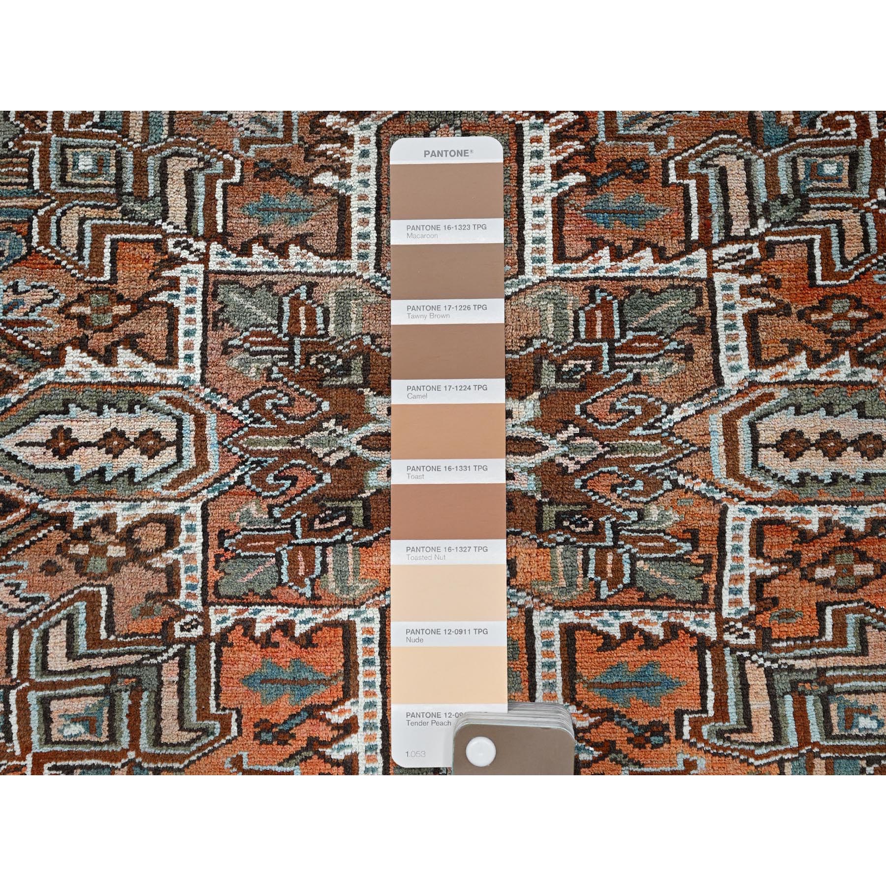 8'4"x12'2" Copper Red, Vintage Persian Heriz with Geometric Medallion Design, 100% Wool, Hand Knotted, Even Wear, Rustic Feel, Cropped Thin, Good Condition, Sides and Ends Professionally Secured, Oriental Rug Sh1260