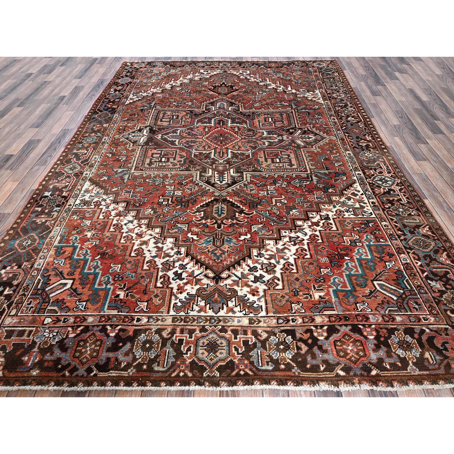8'x10'10" Coral Red, Vintage Persian Heriz with Geometric Medallion Design, 100% Wool, Hand Knotted, Even Wear, Cropped Thin, Good Condition, Sides and Ends Professionally Secured, Oriental Rug Sh1261