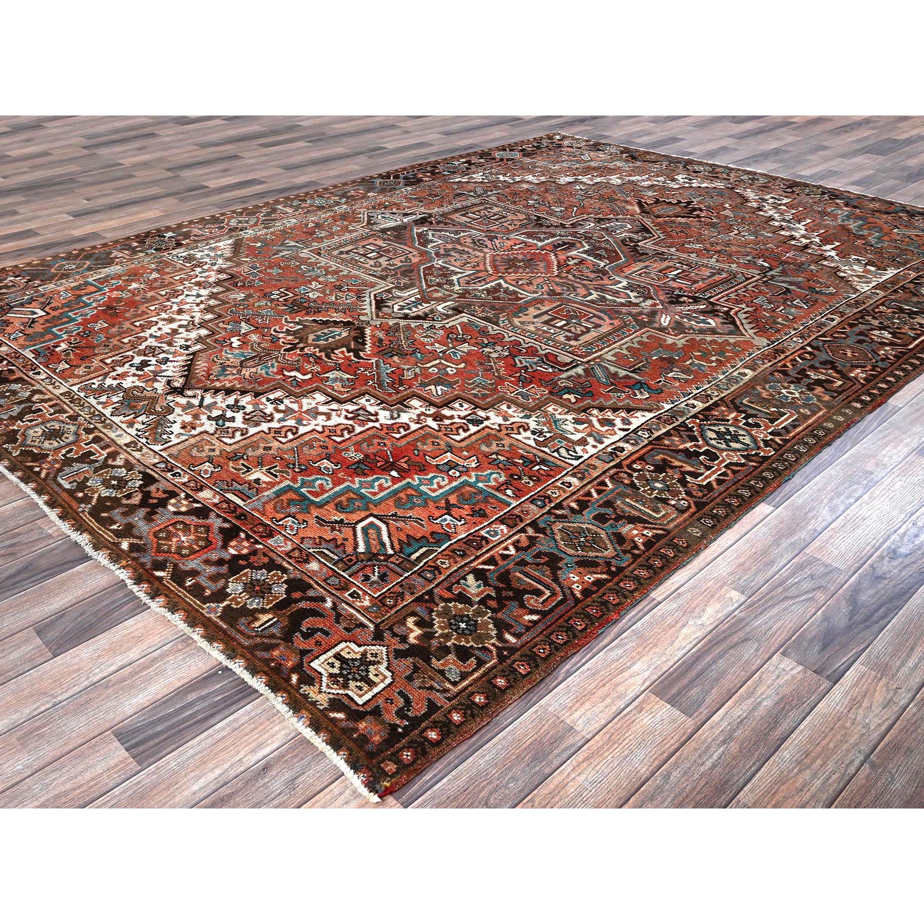 8'x10'10" Coral Red, Vintage Persian Heriz with Geometric Medallion Design, 100% Wool, Hand Knotted, Even Wear, Cropped Thin, Good Condition, Sides and Ends Professionally Secured, Oriental Rug Sh1261