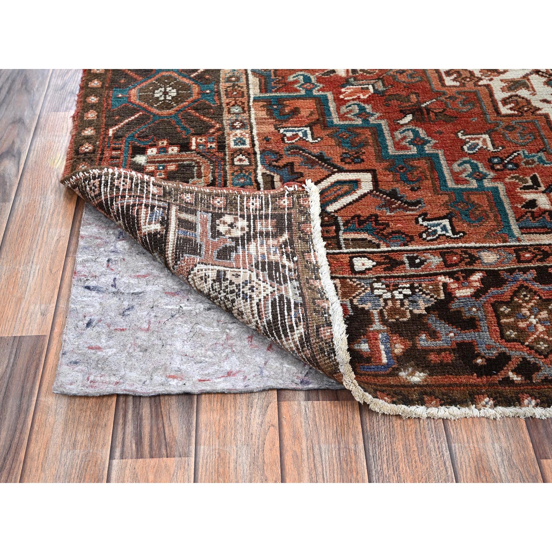 8'x10'10" Coral Red, Vintage Persian Heriz with Geometric Medallion Design, 100% Wool, Hand Knotted, Even Wear, Cropped Thin, Good Condition, Sides and Ends Professionally Secured, Oriental Rug Sh1261