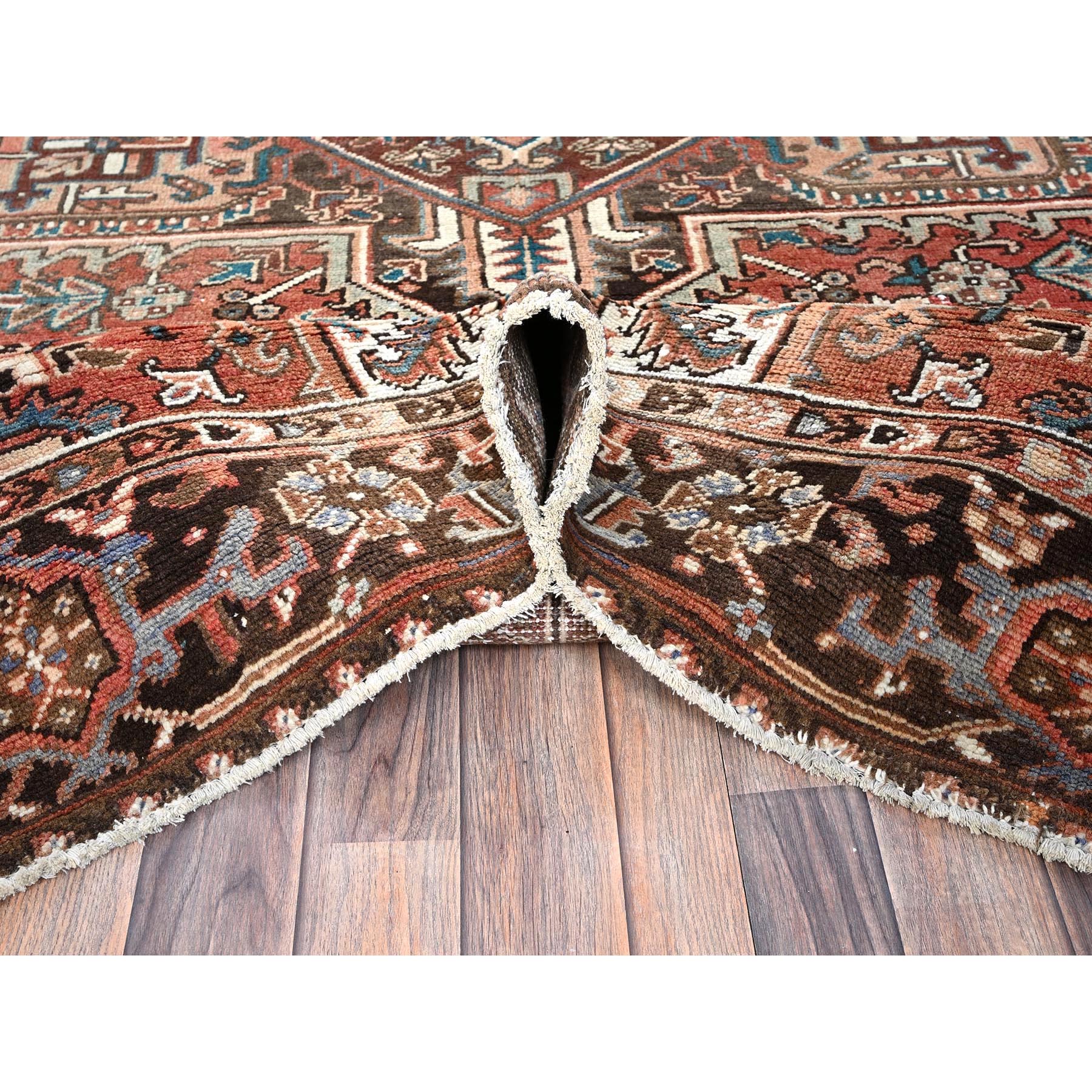 8'x10'10" Coral Red, Vintage Persian Heriz with Geometric Medallion Design, 100% Wool, Hand Knotted, Even Wear, Cropped Thin, Good Condition, Sides and Ends Professionally Secured, Oriental Rug Sh1261