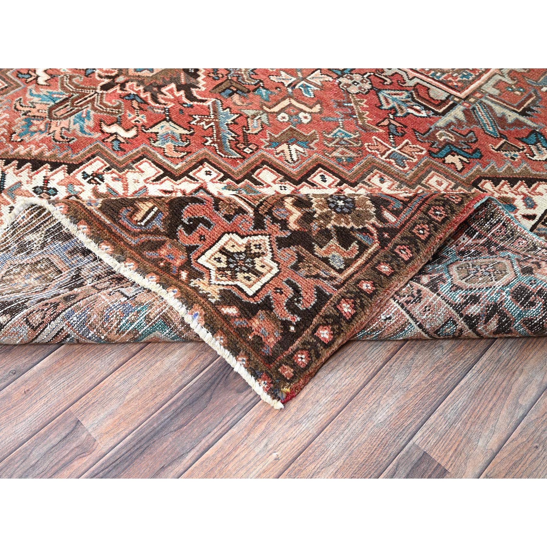 8'x10'10" Coral Red, Vintage Persian Heriz with Geometric Medallion Design, 100% Wool, Hand Knotted, Even Wear, Cropped Thin, Good Condition, Sides and Ends Professionally Secured, Oriental Rug Sh1261