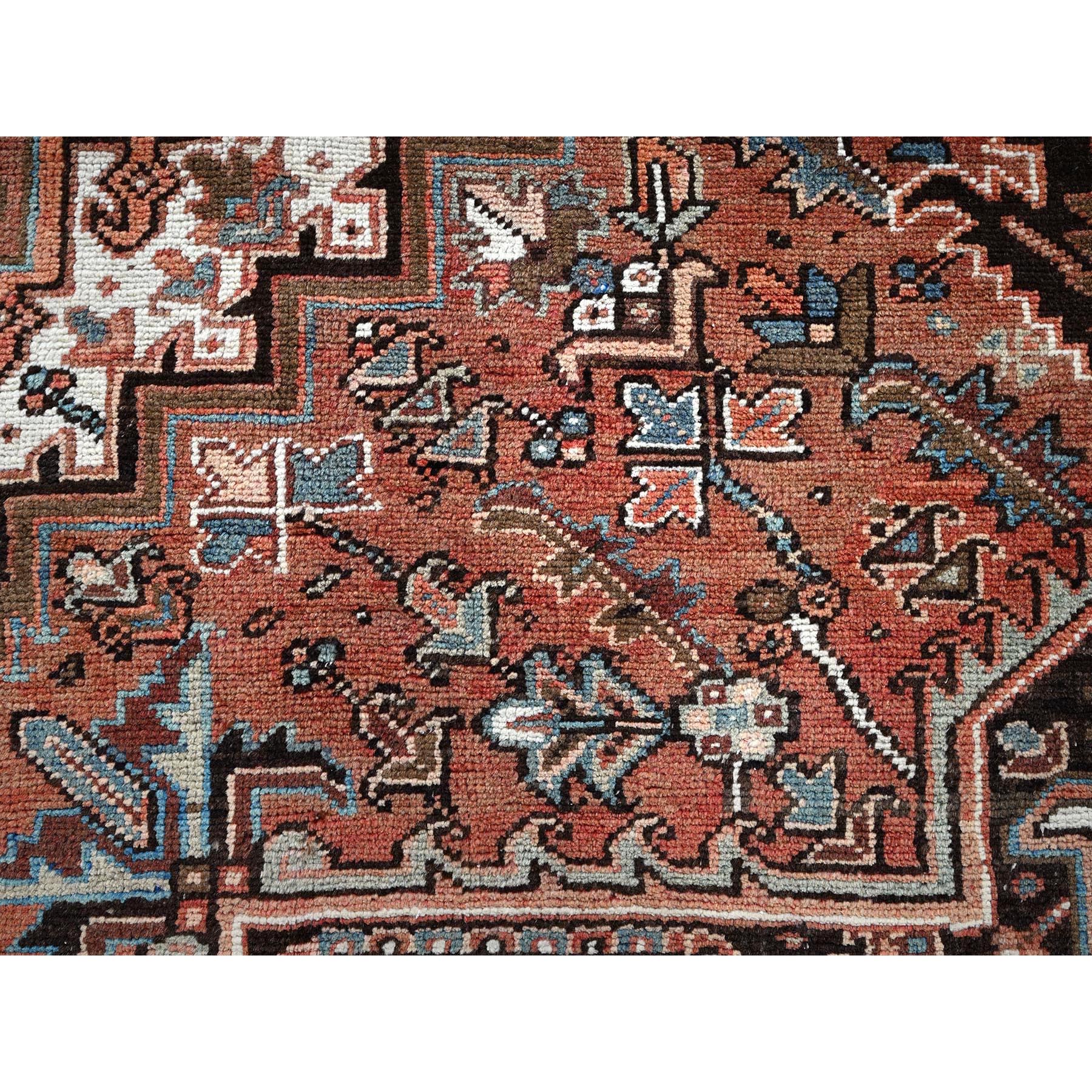 8'x10'10" Coral Red, Vintage Persian Heriz with Geometric Medallion Design, 100% Wool, Hand Knotted, Even Wear, Cropped Thin, Good Condition, Sides and Ends Professionally Secured, Oriental Rug Sh1261