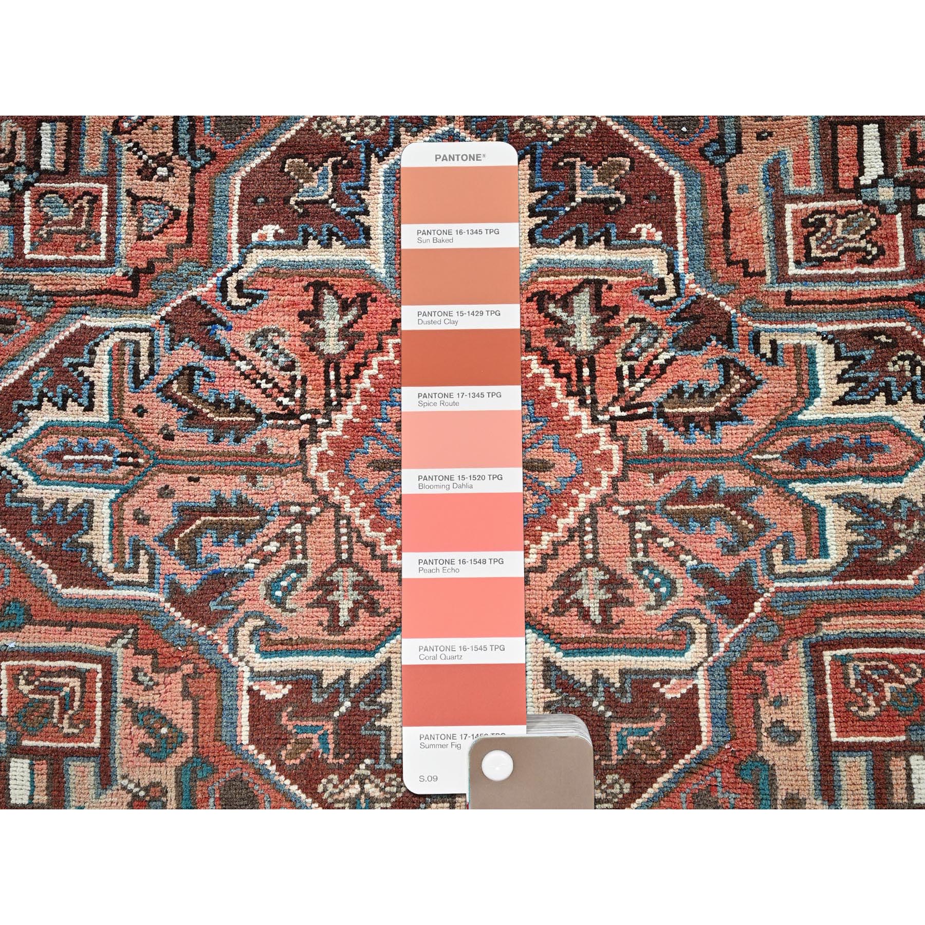 8'x10'10" Coral Red, Vintage Persian Heriz with Geometric Medallion Design, 100% Wool, Hand Knotted, Even Wear, Cropped Thin, Good Condition, Sides and Ends Professionally Secured, Oriental Rug Sh1261