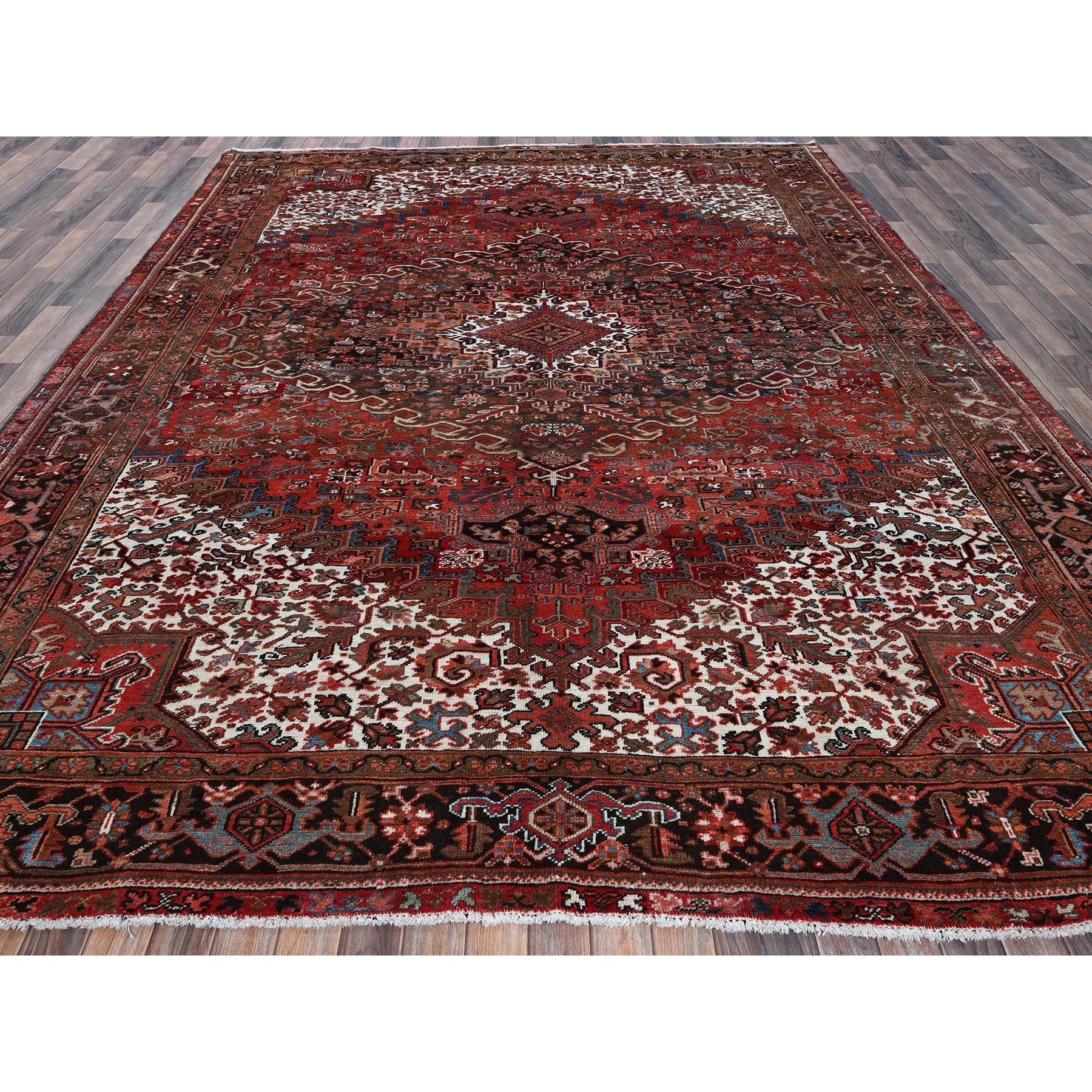 9'8"x12'4" Crimson Red, Vintage Persian Heriz with Large Medallion Design, 100% Wool, Hand Knotted, Worn and Distressed, Cropped Thin, Good Condition, Sides and Ends Professionally Secured, Oriental Rug Sh1262