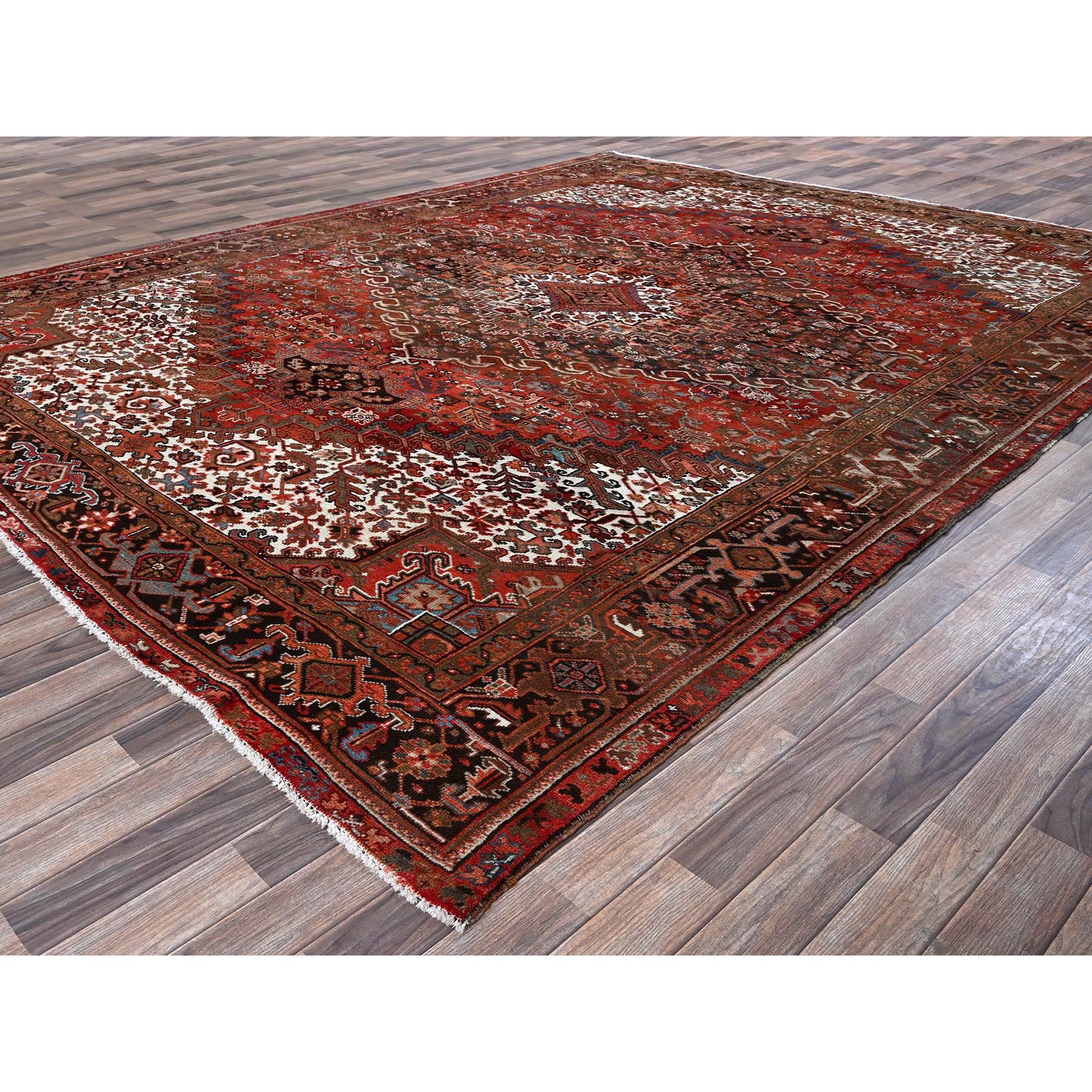 9'8"x12'4" Crimson Red, Vintage Persian Heriz with Large Medallion Design, 100% Wool, Hand Knotted, Worn and Distressed, Cropped Thin, Good Condition, Sides and Ends Professionally Secured, Oriental Rug Sh1262