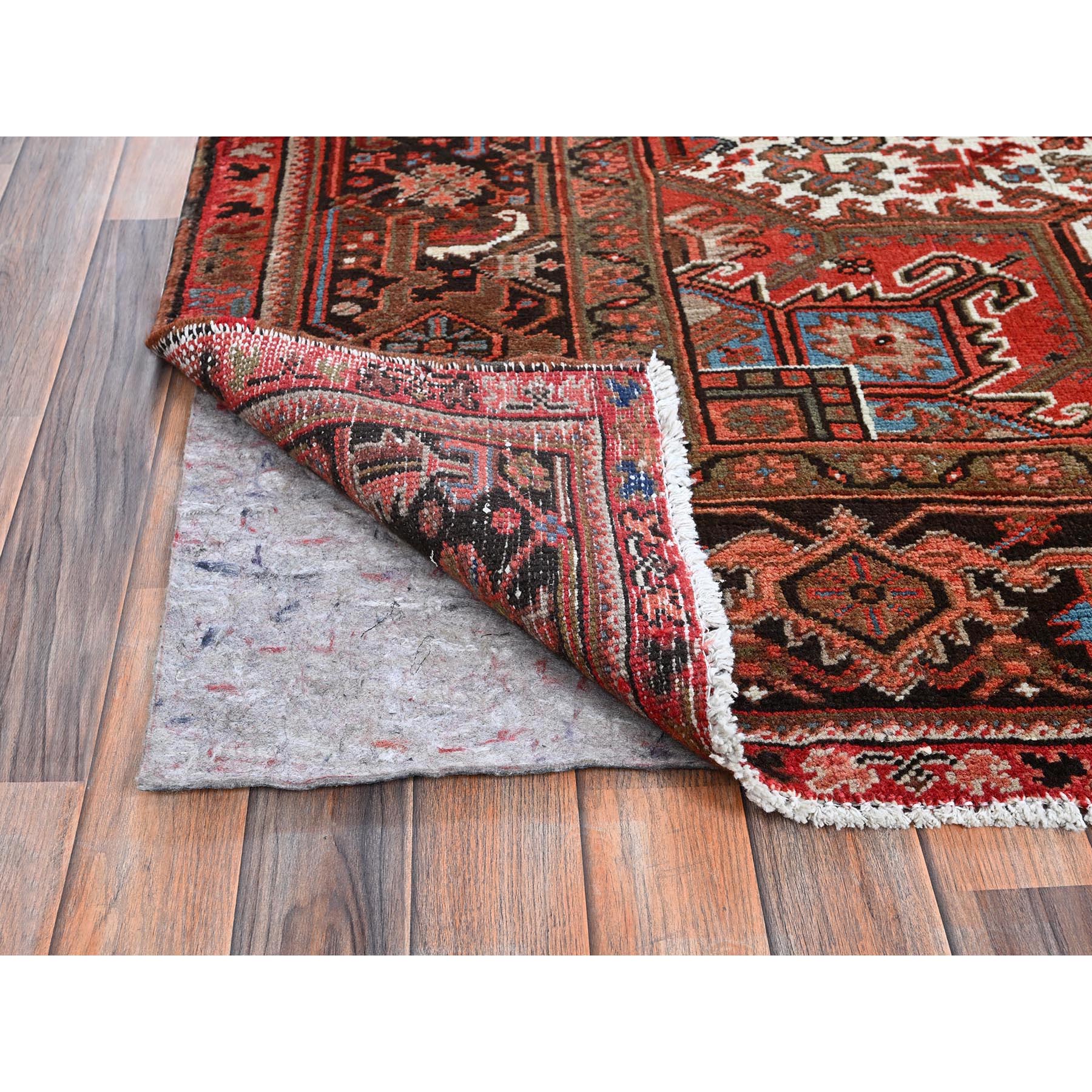 9'8"x12'4" Crimson Red, Vintage Persian Heriz with Large Medallion Design, 100% Wool, Hand Knotted, Worn and Distressed, Cropped Thin, Good Condition, Sides and Ends Professionally Secured, Oriental Rug Sh1262