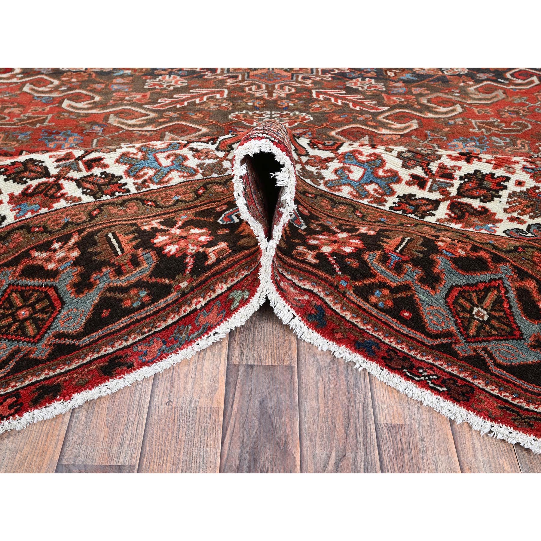 9'8"x12'4" Crimson Red, Vintage Persian Heriz with Large Medallion Design, 100% Wool, Hand Knotted, Worn and Distressed, Cropped Thin, Good Condition, Sides and Ends Professionally Secured, Oriental Rug Sh1262