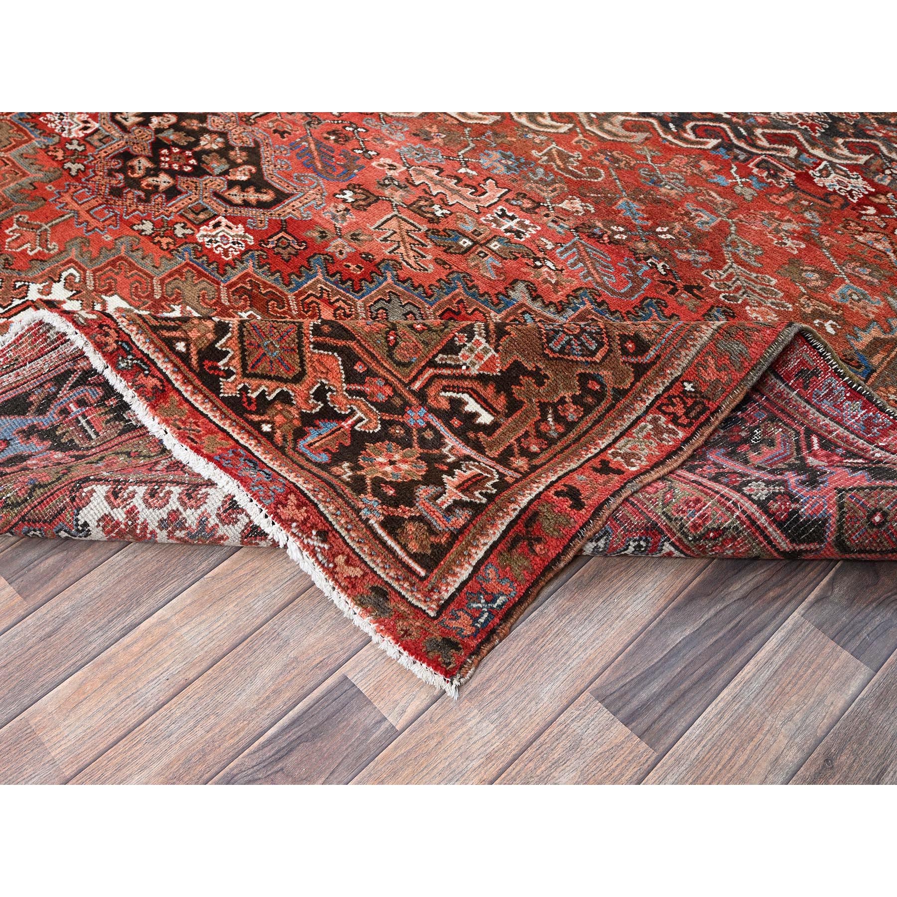 9'8"x12'4" Crimson Red, Vintage Persian Heriz with Large Medallion Design, 100% Wool, Hand Knotted, Worn and Distressed, Cropped Thin, Good Condition, Sides and Ends Professionally Secured, Oriental Rug Sh1262