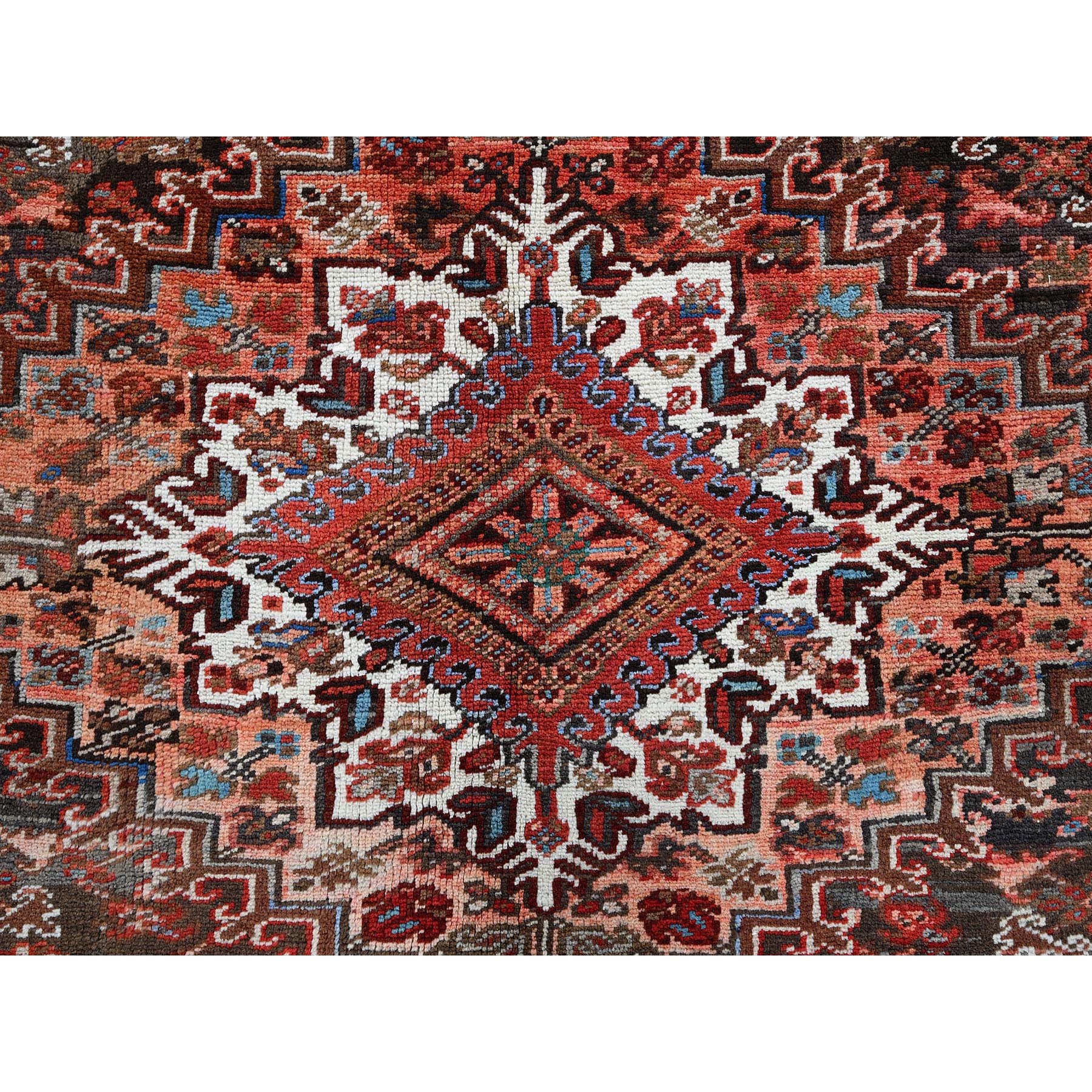 9'8"x12'4" Crimson Red, Vintage Persian Heriz with Large Medallion Design, 100% Wool, Hand Knotted, Worn and Distressed, Cropped Thin, Good Condition, Sides and Ends Professionally Secured, Oriental Rug Sh1262