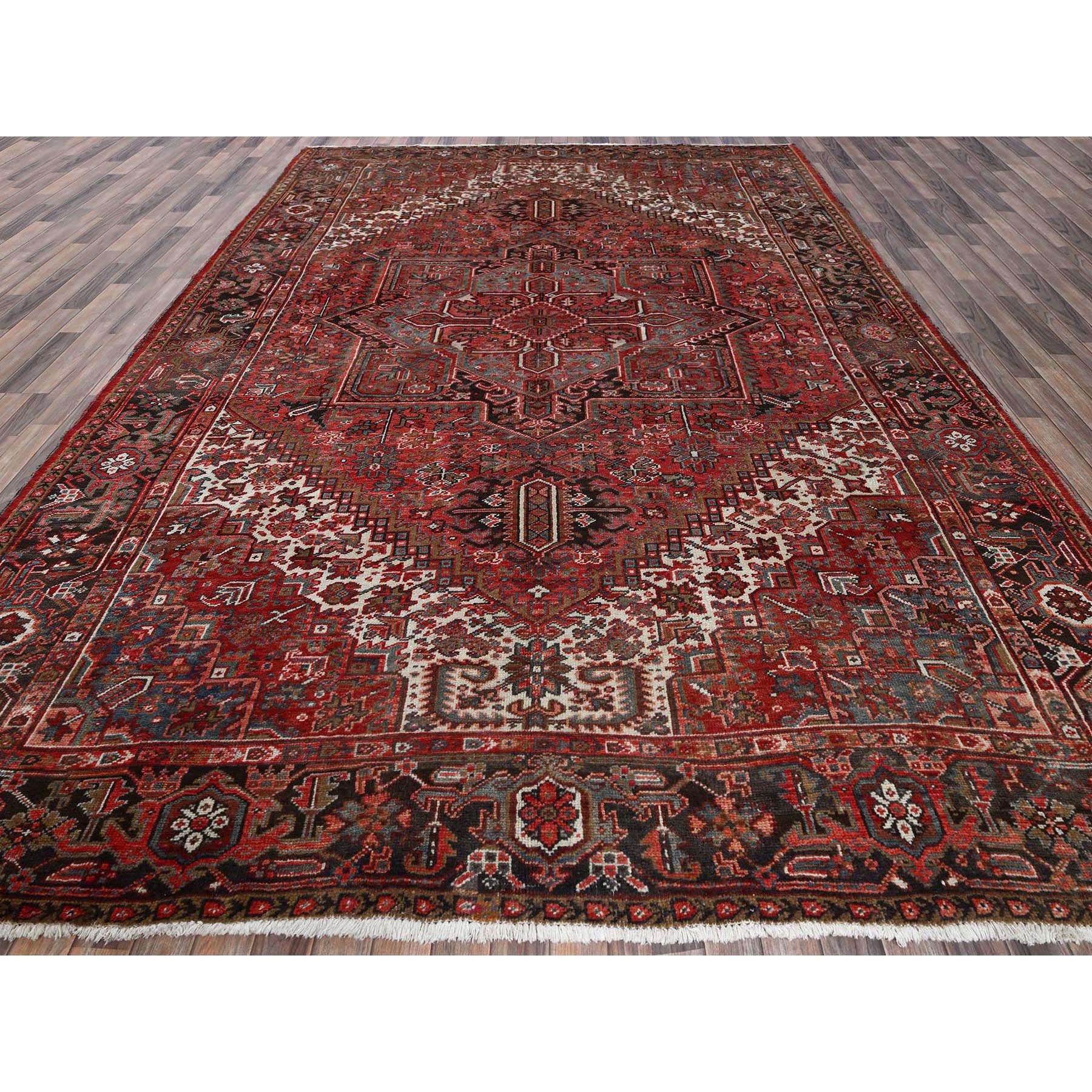 9'7"x12'9" Auburn Red, Vintage Persian Heriz with Geometric Medallion Design, Worn and Distressed, Pure Wool, Hand Knotted, Shaved Low, Good Condition, Sides and Ends Professionally Secured, Oriental Rug Sh1264