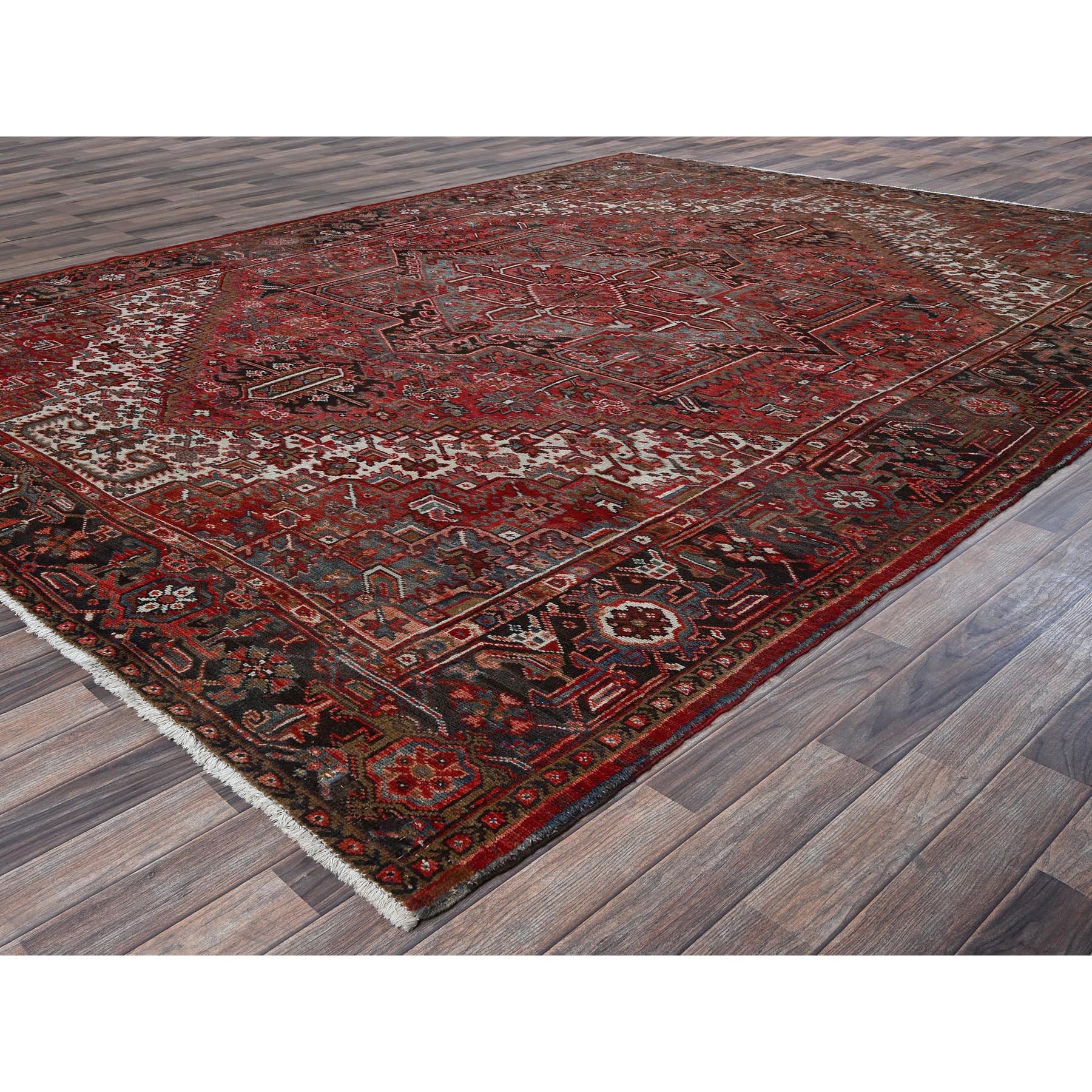 9'7"x12'9" Auburn Red, Vintage Persian Heriz with Geometric Medallion Design, Worn and Distressed, Pure Wool, Hand Knotted, Shaved Low, Good Condition, Sides and Ends Professionally Secured, Oriental Rug Sh1264