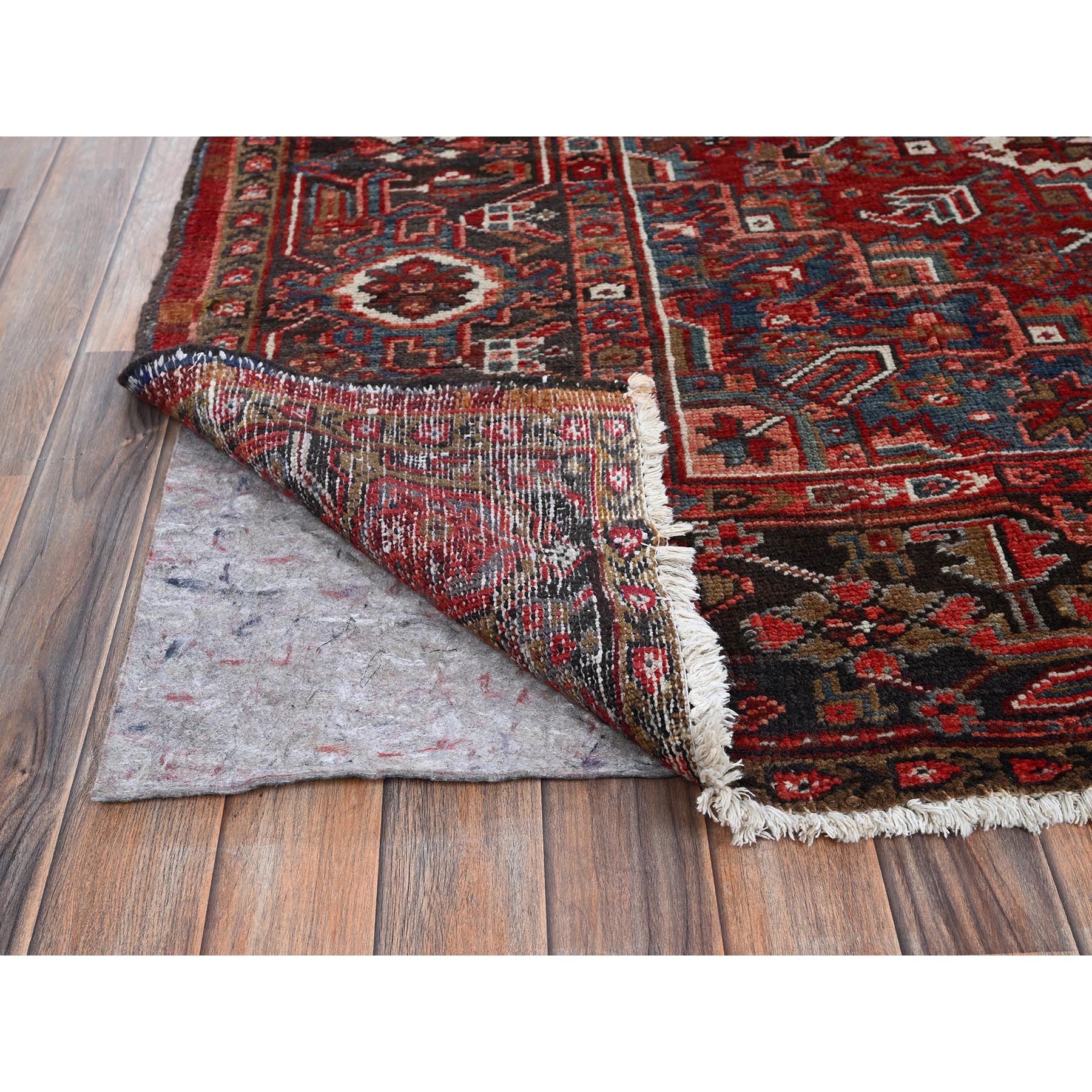 9'7"x12'9" Auburn Red, Vintage Persian Heriz with Geometric Medallion Design, Worn and Distressed, Pure Wool, Hand Knotted, Shaved Low, Good Condition, Sides and Ends Professionally Secured, Oriental Rug Sh1264