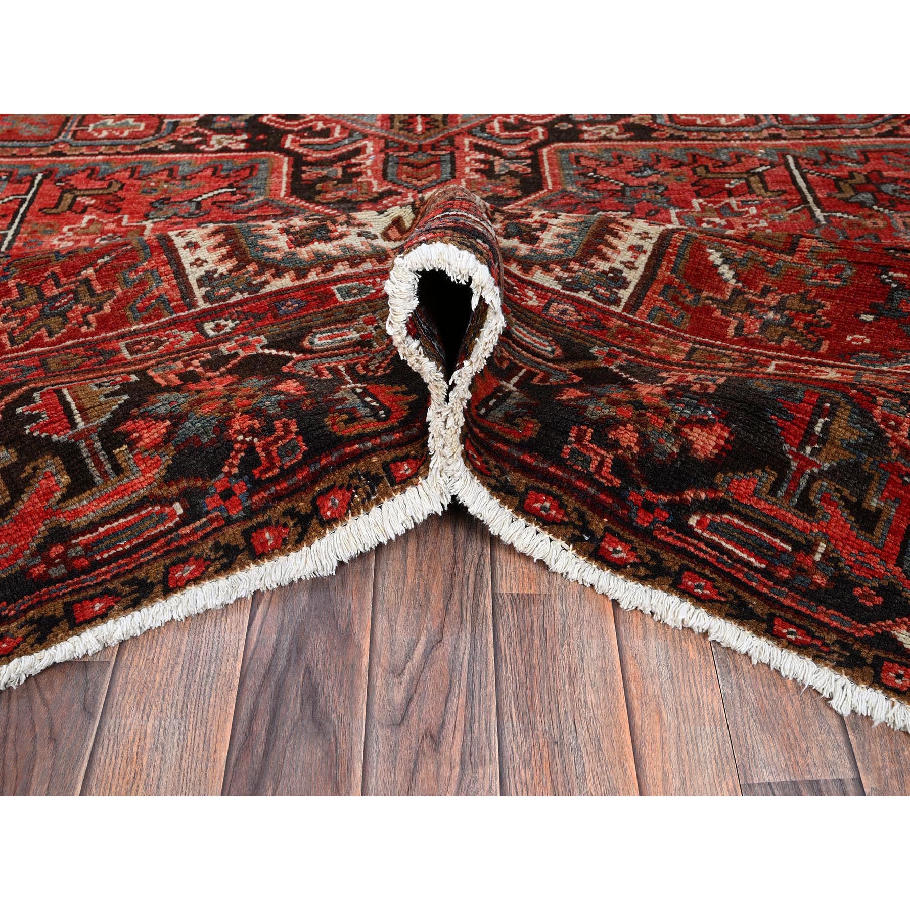 9'7"x12'9" Auburn Red, Vintage Persian Heriz with Geometric Medallion Design, Worn and Distressed, Pure Wool, Hand Knotted, Shaved Low, Good Condition, Sides and Ends Professionally Secured, Oriental Rug Sh1264