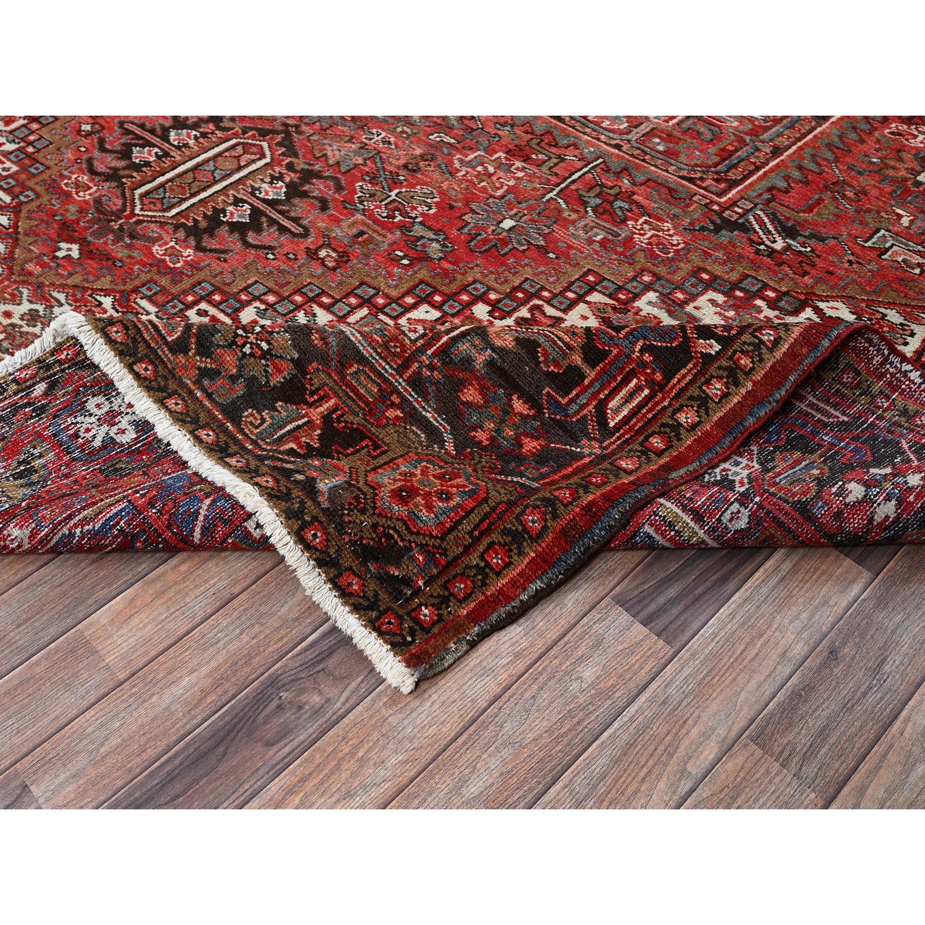 9'7"x12'9" Auburn Red, Vintage Persian Heriz with Geometric Medallion Design, Worn and Distressed, Pure Wool, Hand Knotted, Shaved Low, Good Condition, Sides and Ends Professionally Secured, Oriental Rug Sh1264