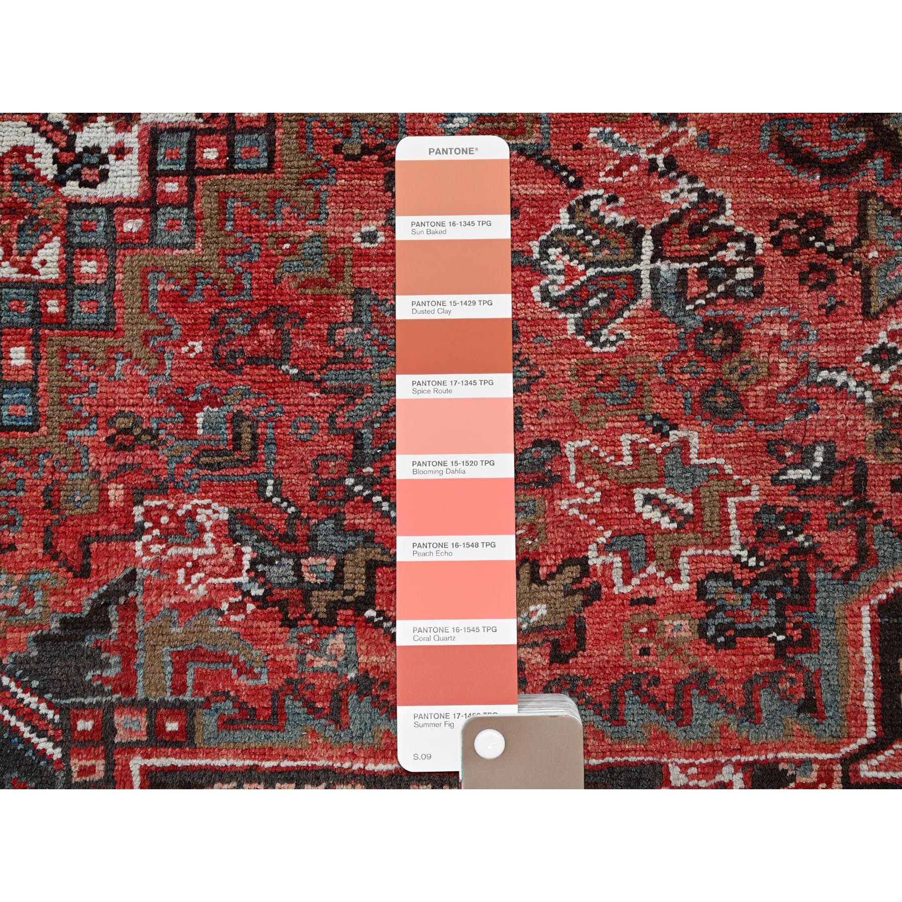 9'7"x12'9" Auburn Red, Vintage Persian Heriz with Geometric Medallion Design, Worn and Distressed, Pure Wool, Hand Knotted, Shaved Low, Good Condition, Sides and Ends Professionally Secured, Oriental Rug Sh1264