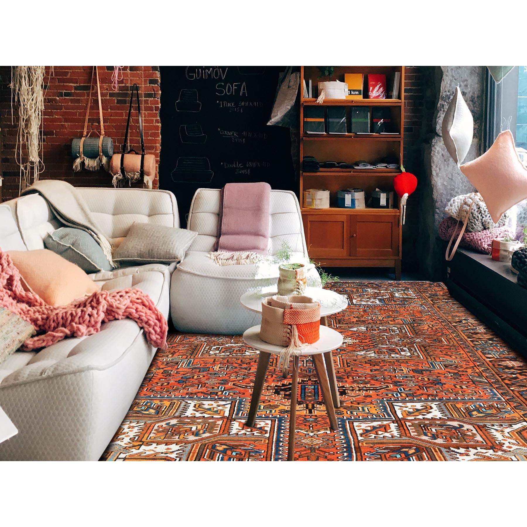 7'9"x11'1" Vivid Orange, Vintage Persian Heriz with Geometric Medallion Design, Evenly Worn, Hand Knotted, 100% Wool, Cropped Thin, Good Condition, Sides and Ends Professionally Secured, Oriental Rug Sh1266