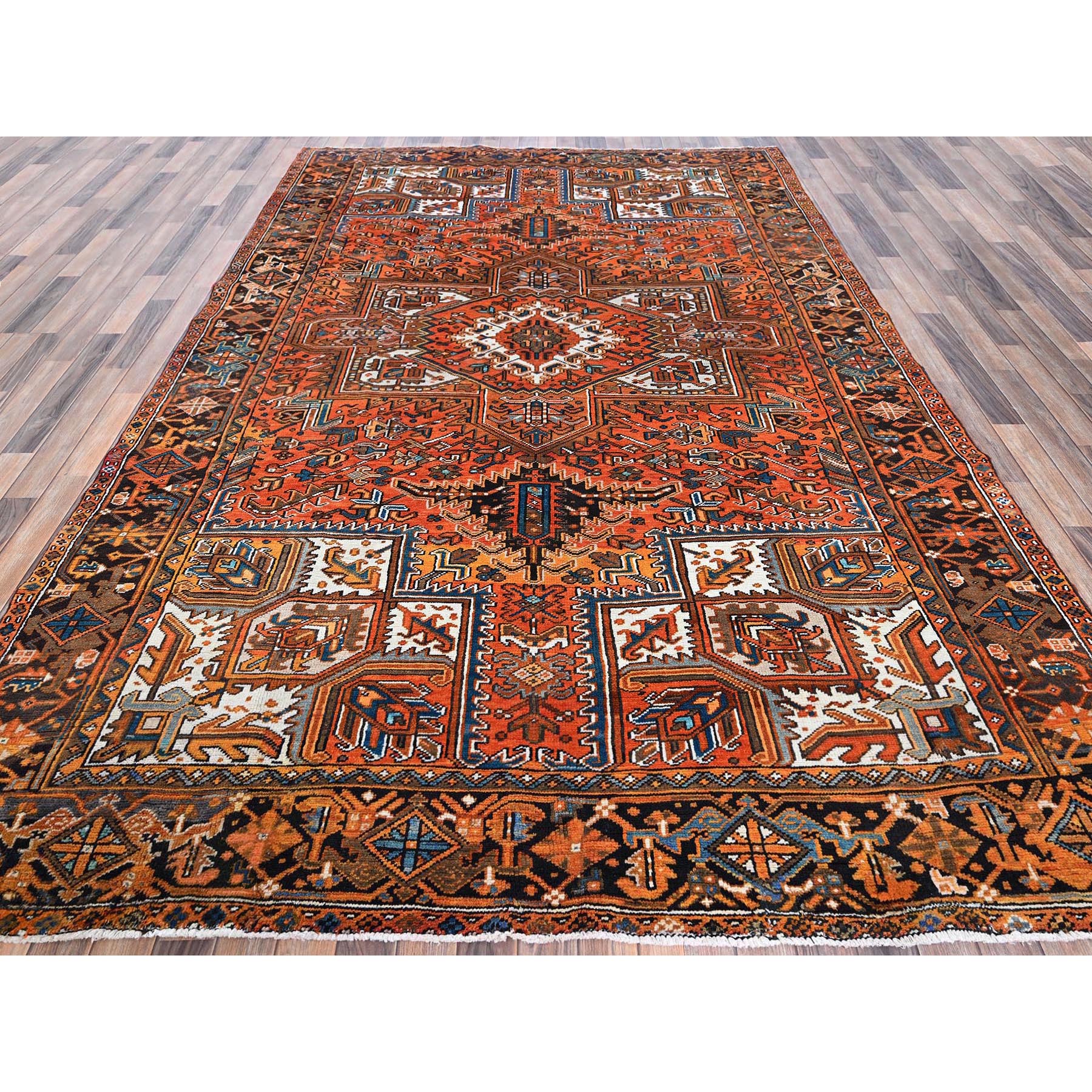7'9"x11'1" Vivid Orange, Vintage Persian Heriz with Geometric Medallion Design, Evenly Worn, Hand Knotted, 100% Wool, Cropped Thin, Good Condition, Sides and Ends Professionally Secured, Oriental Rug Sh1266
