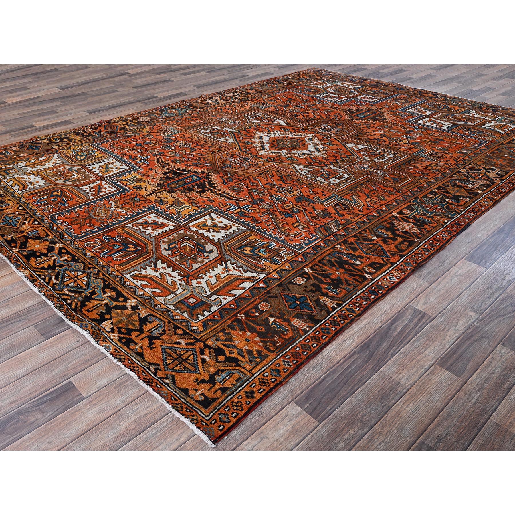 7'9"x11'1" Vivid Orange, Vintage Persian Heriz with Geometric Medallion Design, Evenly Worn, Hand Knotted, 100% Wool, Cropped Thin, Good Condition, Sides and Ends Professionally Secured, Oriental Rug Sh1266