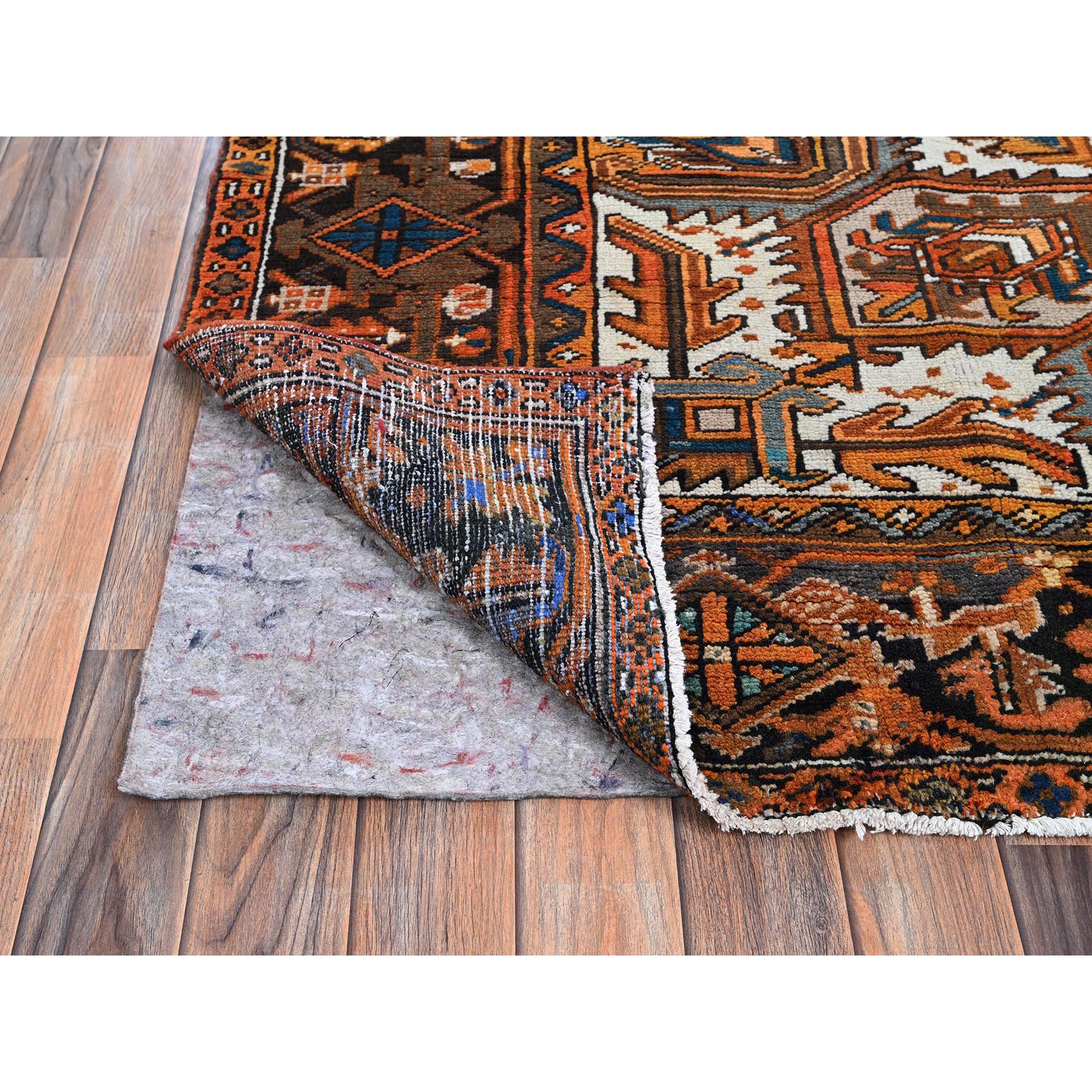 7'9"x11'1" Vivid Orange, Vintage Persian Heriz with Geometric Medallion Design, Evenly Worn, Hand Knotted, 100% Wool, Cropped Thin, Good Condition, Sides and Ends Professionally Secured, Oriental Rug Sh1266