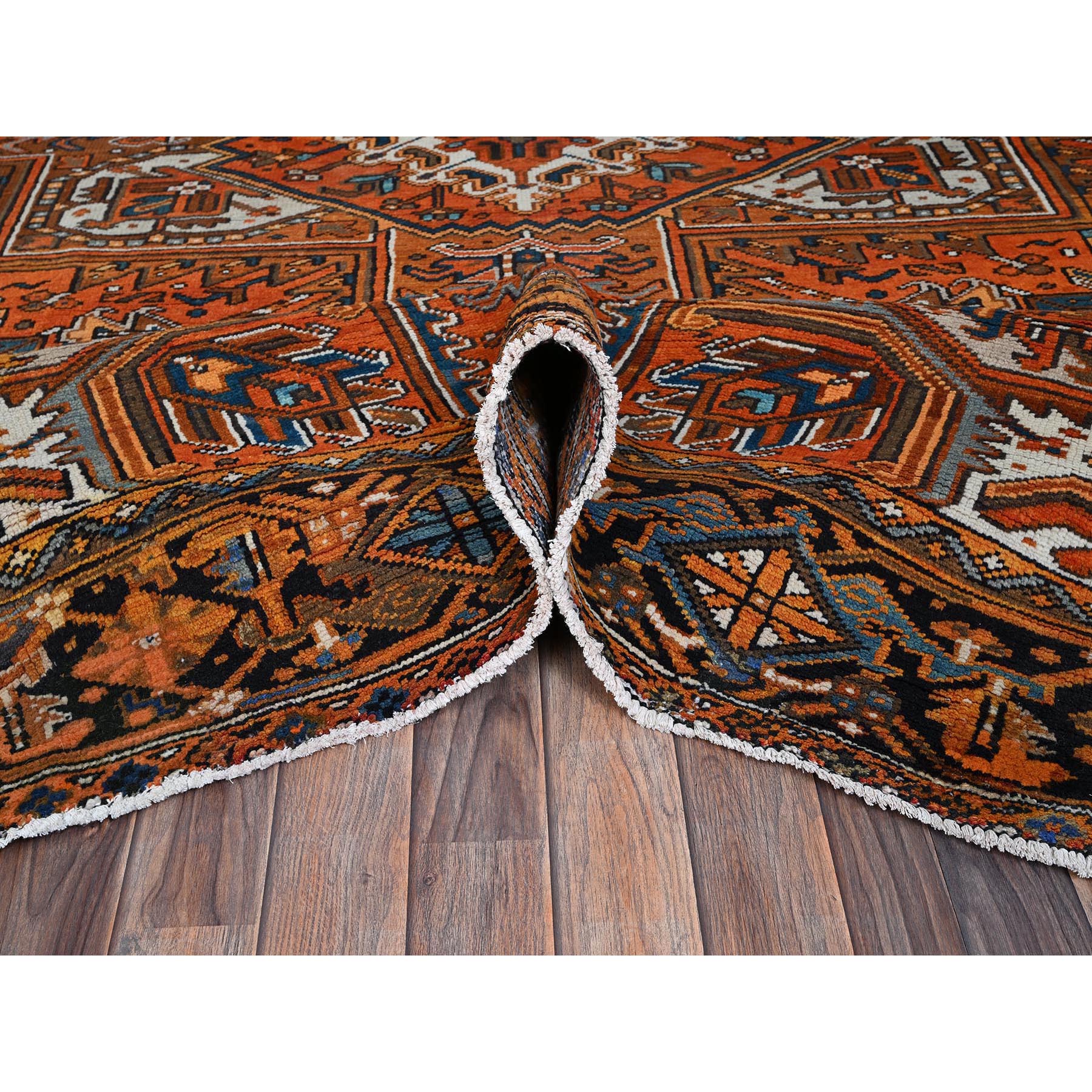 7'9"x11'1" Vivid Orange, Vintage Persian Heriz with Geometric Medallion Design, Evenly Worn, Hand Knotted, 100% Wool, Cropped Thin, Good Condition, Sides and Ends Professionally Secured, Oriental Rug Sh1266