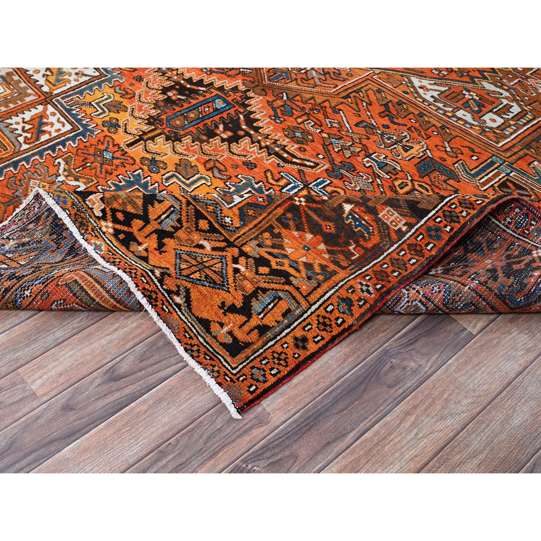 7'9"x11'1" Vivid Orange, Vintage Persian Heriz with Geometric Medallion Design, Evenly Worn, Hand Knotted, 100% Wool, Cropped Thin, Good Condition, Sides and Ends Professionally Secured, Oriental Rug Sh1266