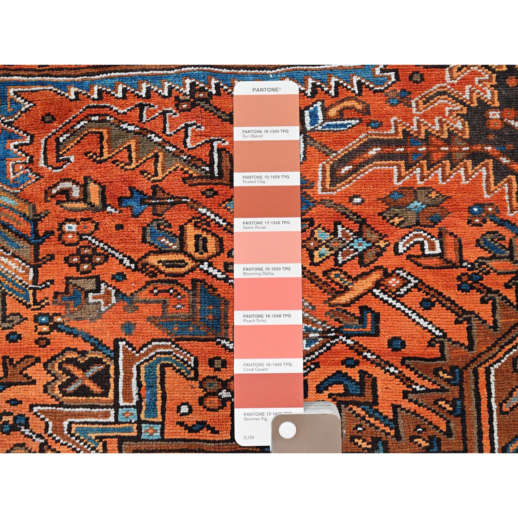 7'9"x11'1" Vivid Orange, Vintage Persian Heriz with Geometric Medallion Design, Evenly Worn, Hand Knotted, 100% Wool, Cropped Thin, Good Condition, Sides and Ends Professionally Secured, Oriental Rug Sh1266
