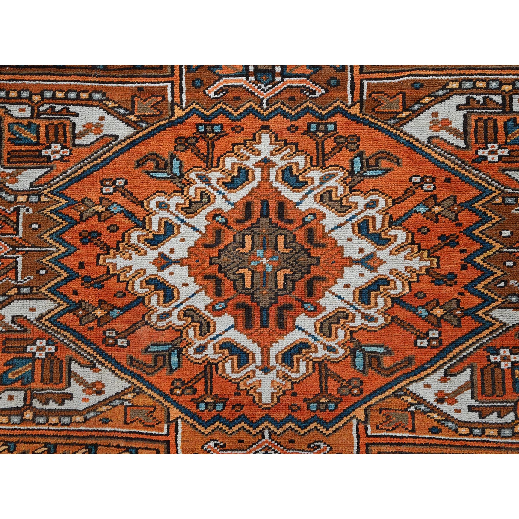 7'9"x11'1" Vivid Orange, Vintage Persian Heriz with Geometric Medallion Design, Evenly Worn, Hand Knotted, 100% Wool, Cropped Thin, Good Condition, Sides and Ends Professionally Secured, Oriental Rug Sh1266