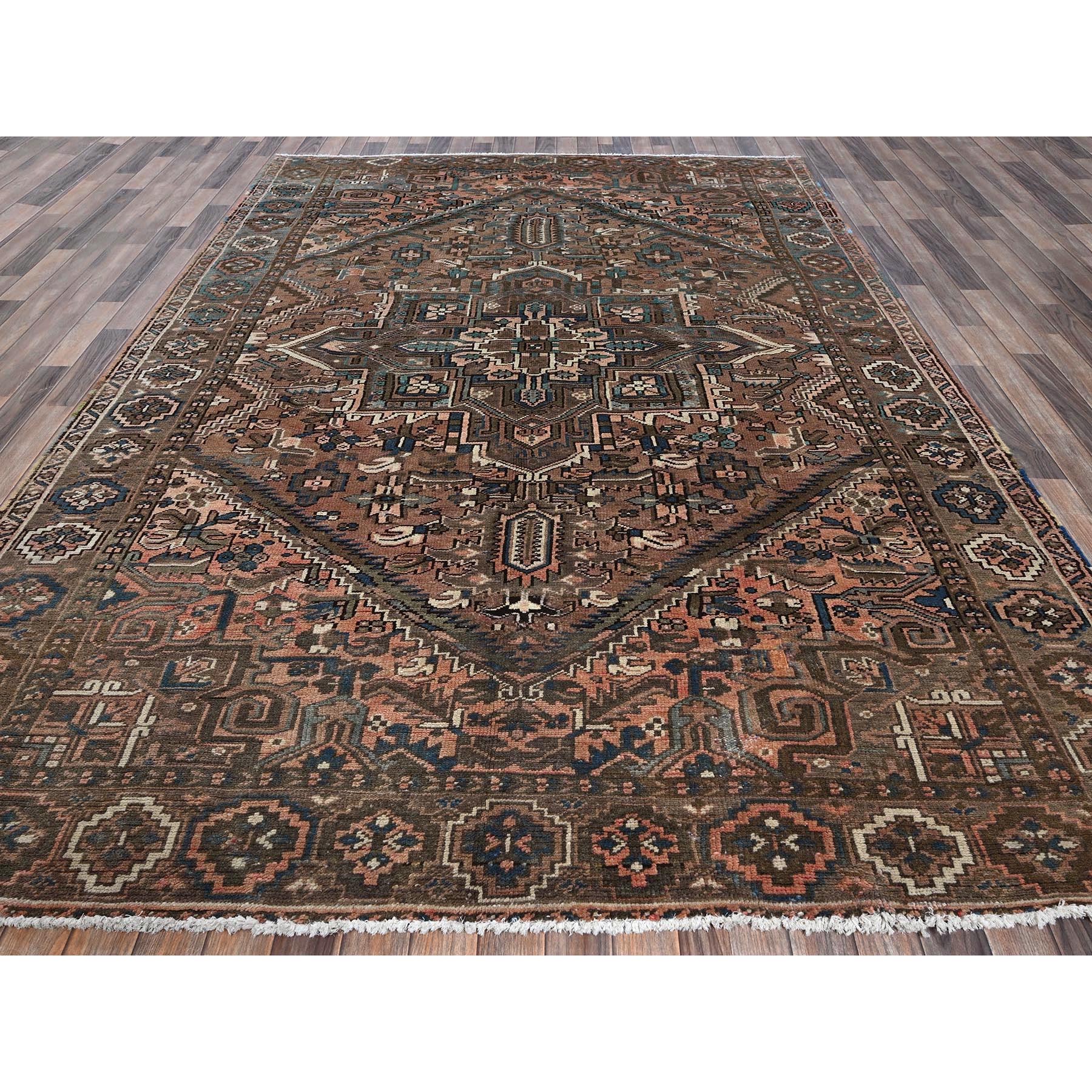 7'9"x10'9" Beaver Brown, Vintage Persian Heriz with Geometric Medallion Design, 100% Wool, Hand Knotted, Evenly Worn, Shaved Down, Good Condition, Sides and Ends Professionally Secured, Oriental Rug Sh1269