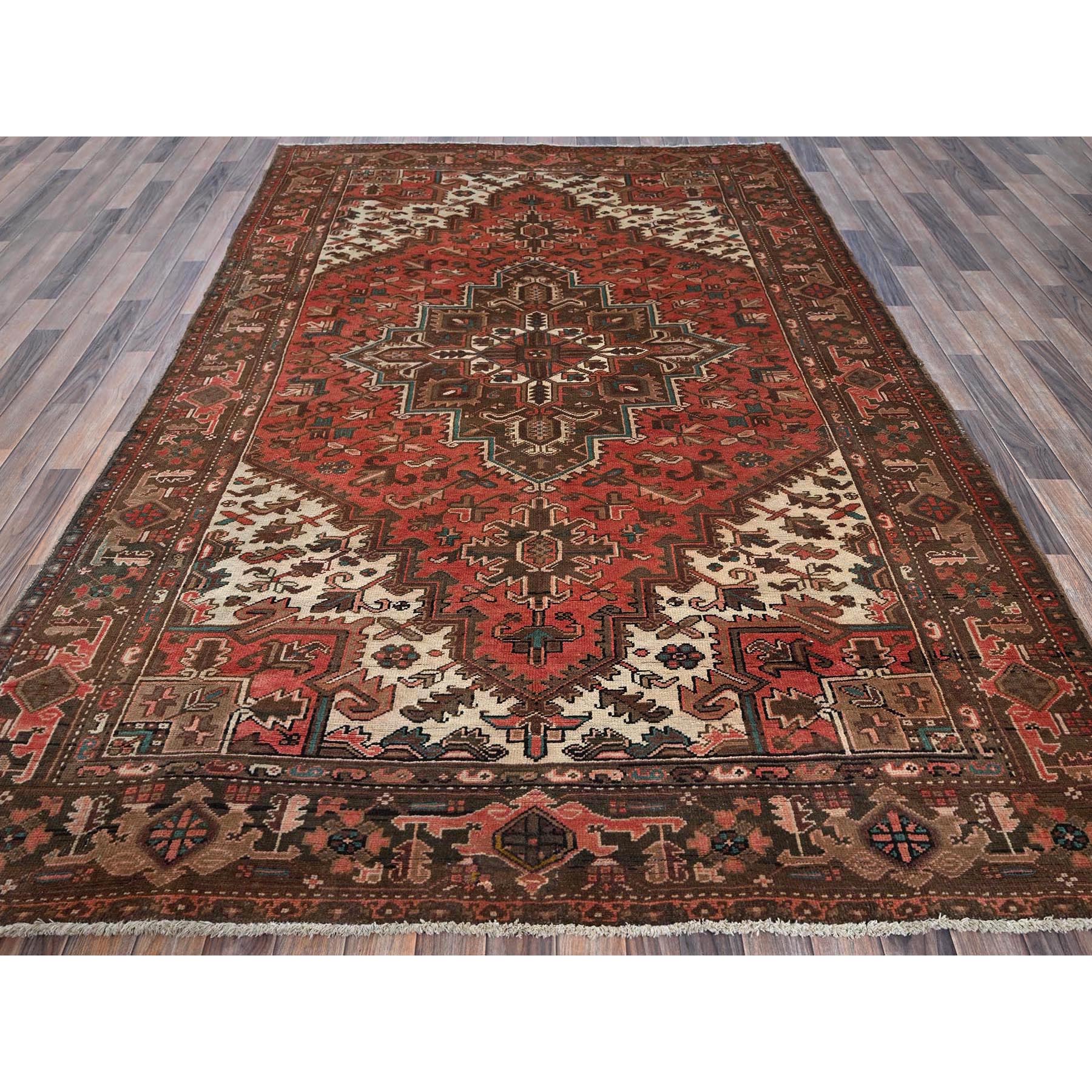6'5"x9'7" Terracotta Red, Vintage Persian Heriz with Geometric Medallion Design, Even Wear, Cropped Thin, Good Condition, Sides and Ends Professionally Secured, 100% Wool, Hand Knotted, Oriental Rug Sh1270