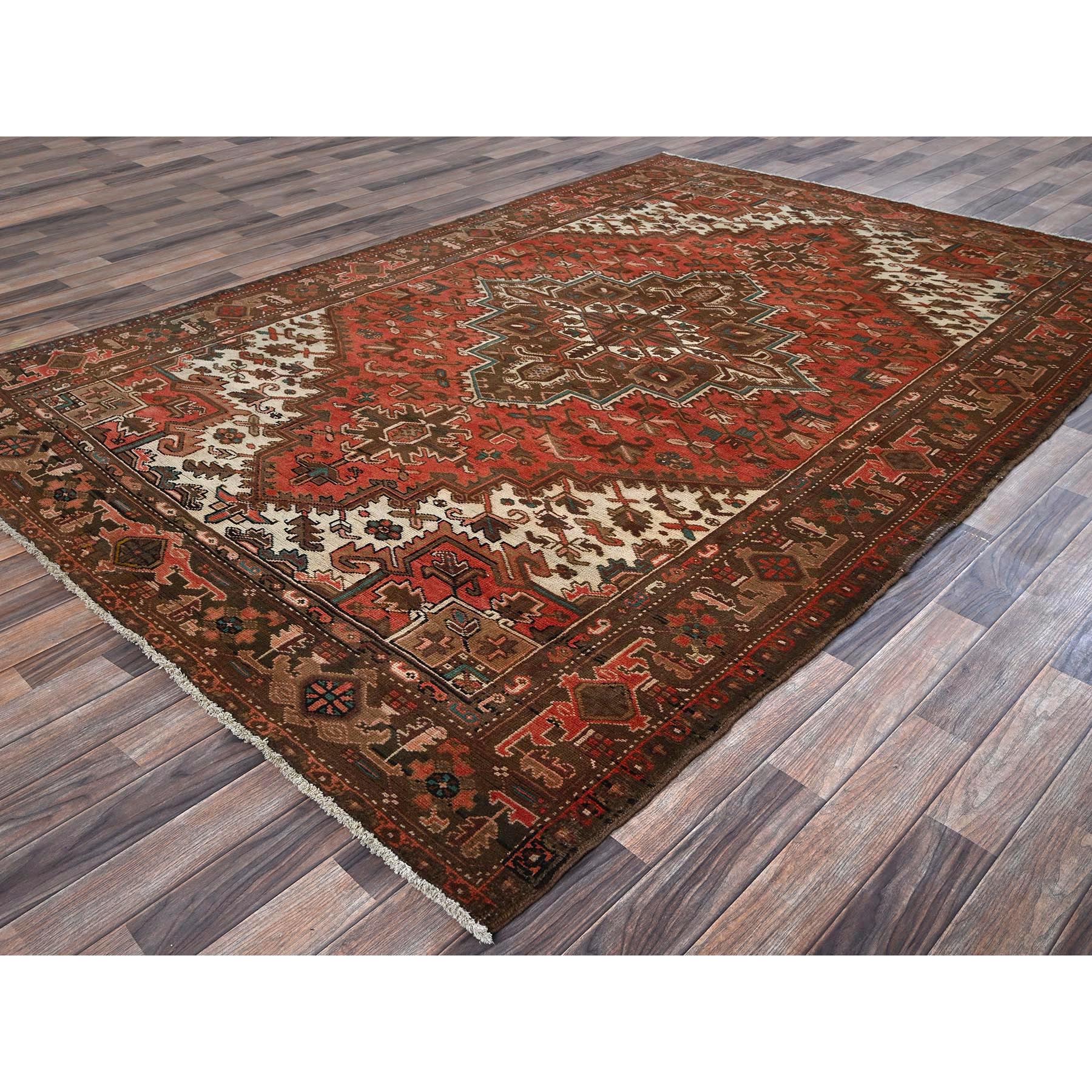 6'5"x9'7" Terracotta Red, Vintage Persian Heriz with Geometric Medallion Design, Even Wear, Cropped Thin, Good Condition, Sides and Ends Professionally Secured, 100% Wool, Hand Knotted, Oriental Rug Sh1270