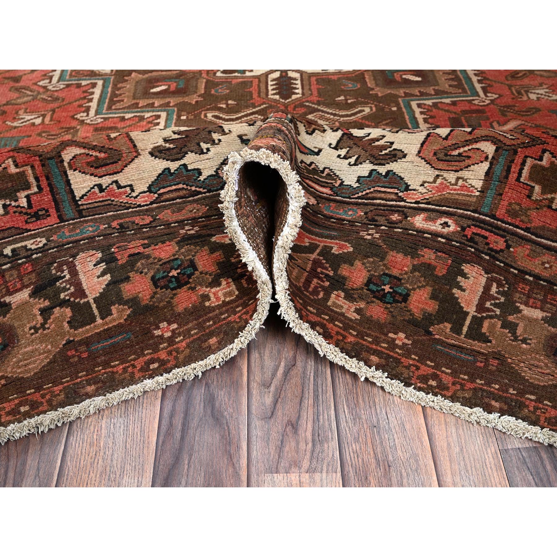 6'5"x9'7" Terracotta Red, Vintage Persian Heriz with Geometric Medallion Design, Even Wear, Cropped Thin, Good Condition, Sides and Ends Professionally Secured, 100% Wool, Hand Knotted, Oriental Rug Sh1270