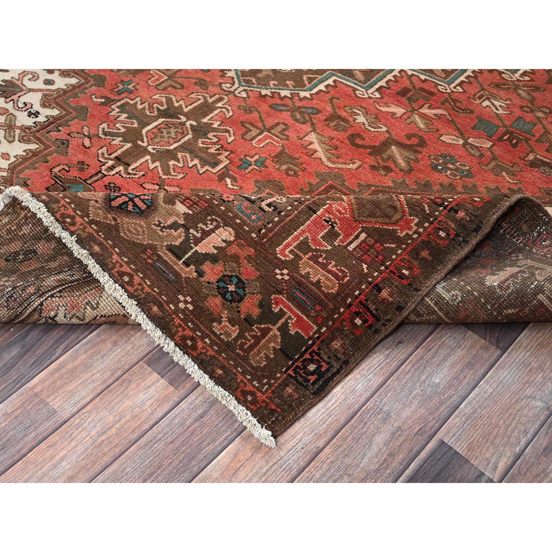 6'5"x9'7" Terracotta Red, Vintage Persian Heriz with Geometric Medallion Design, Even Wear, Cropped Thin, Good Condition, Sides and Ends Professionally Secured, 100% Wool, Hand Knotted, Oriental Rug Sh1270