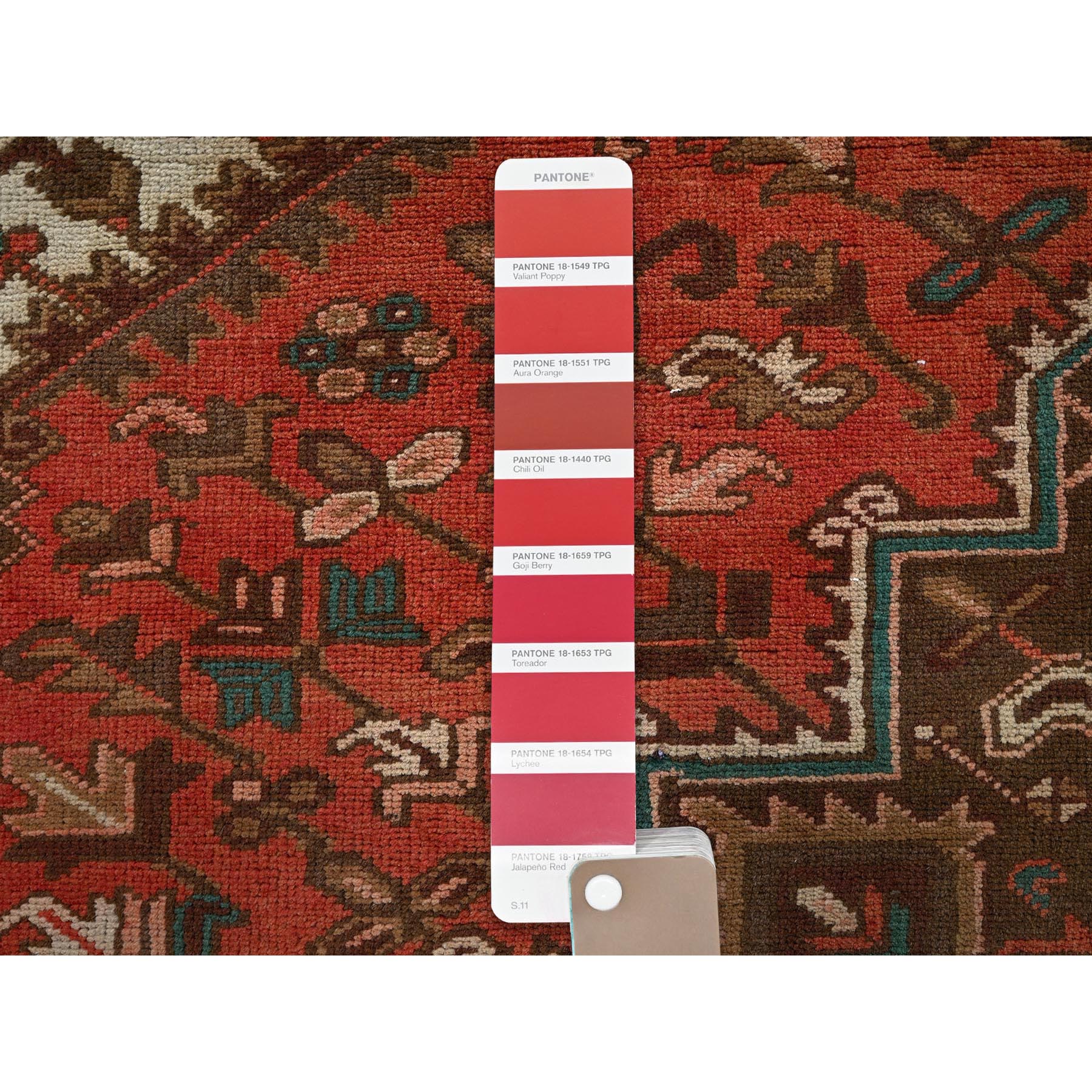 6'5"x9'7" Terracotta Red, Vintage Persian Heriz with Geometric Medallion Design, Even Wear, Cropped Thin, Good Condition, Sides and Ends Professionally Secured, 100% Wool, Hand Knotted, Oriental Rug Sh1270